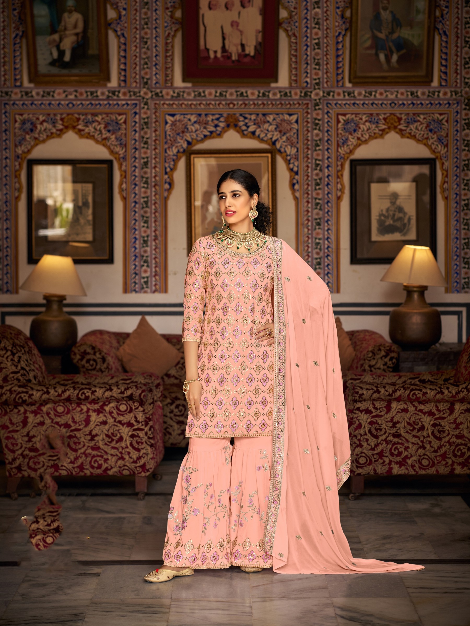 Pure Georgette  Party Wear  Sharara in Peach Color with  Embroidery Work