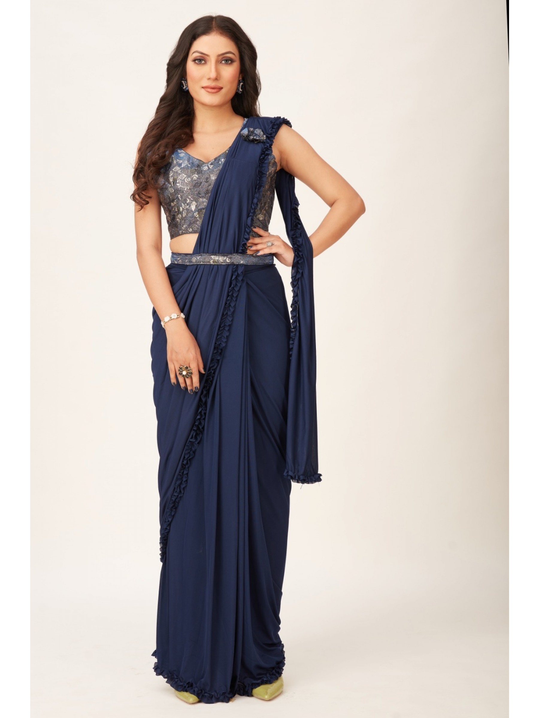 Imported  Fabric Party Wear  Saree In  Blue Color With Embroidery Work