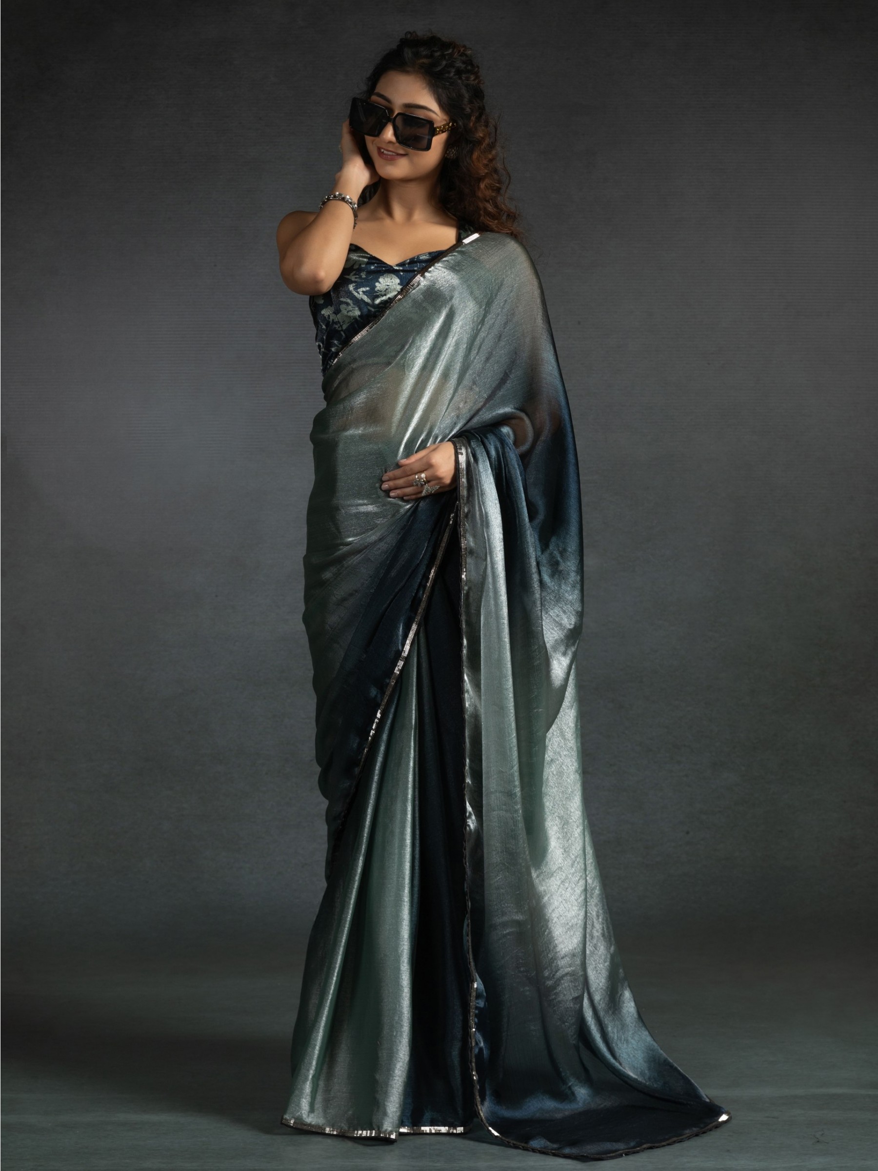 Pure Satin Silk Ready to wear Saree In Blue Grey Color 
