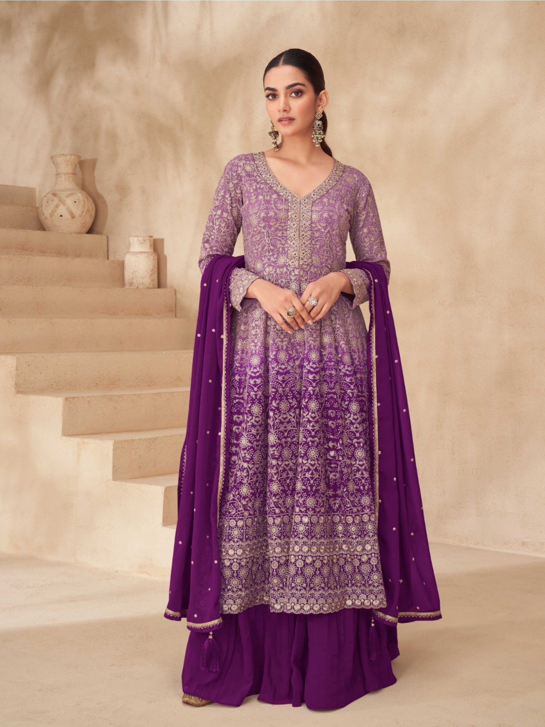 Real Georgette Silk Party Wear Sharara Purple Color with Embroidery Work