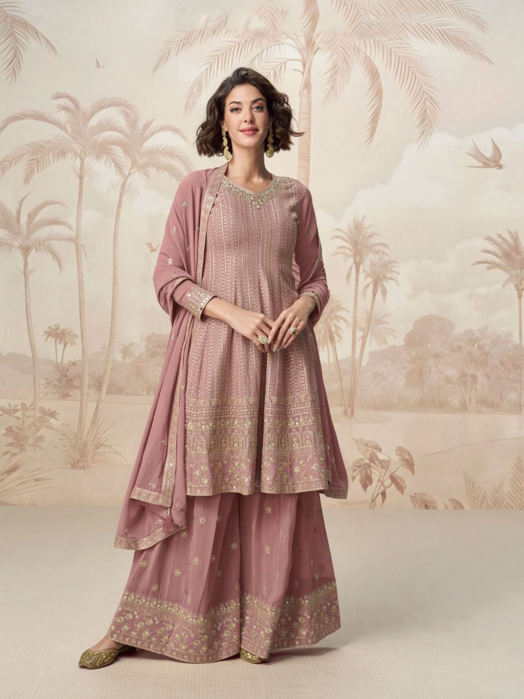 Real Georgette Fabric Party Wear Sharara Peach Color with Embroidery Work