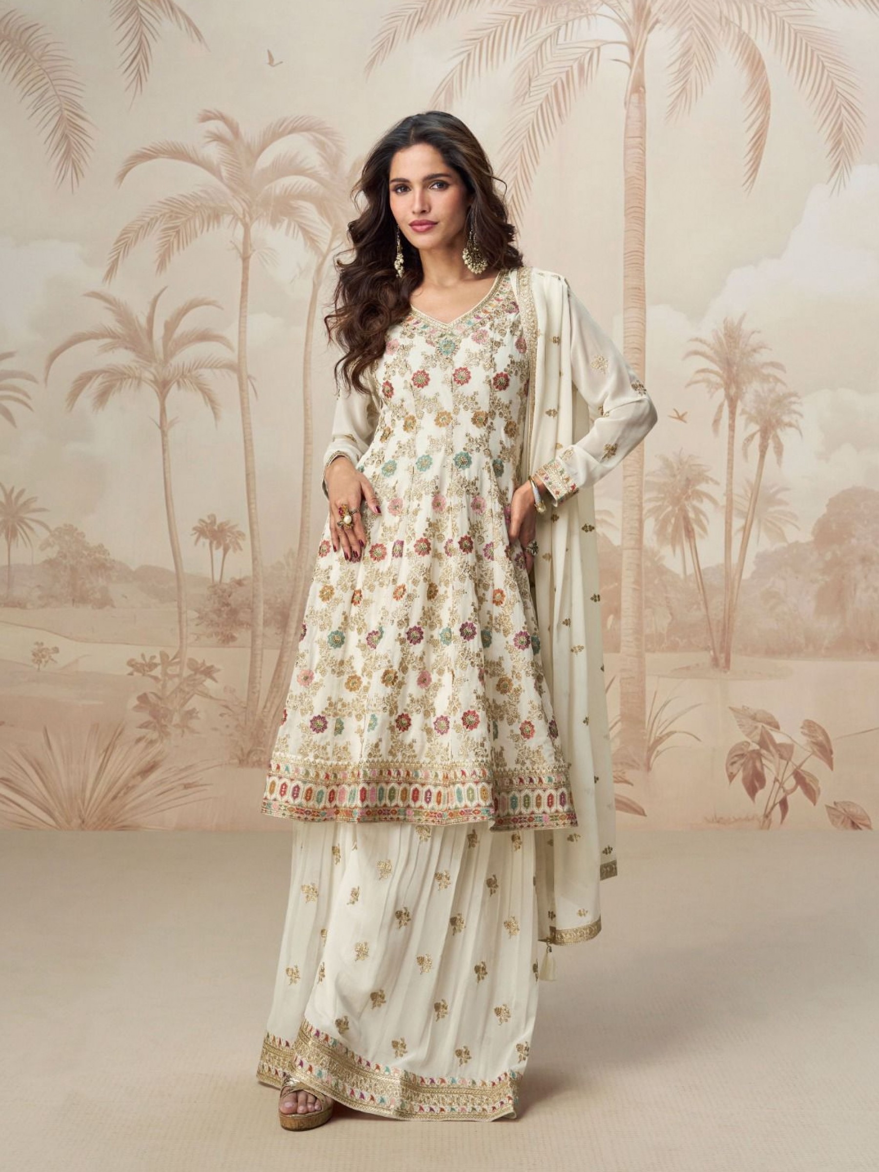 Real Georgette Fabric Party Wear Sharara Off White Color with Embroidery Work