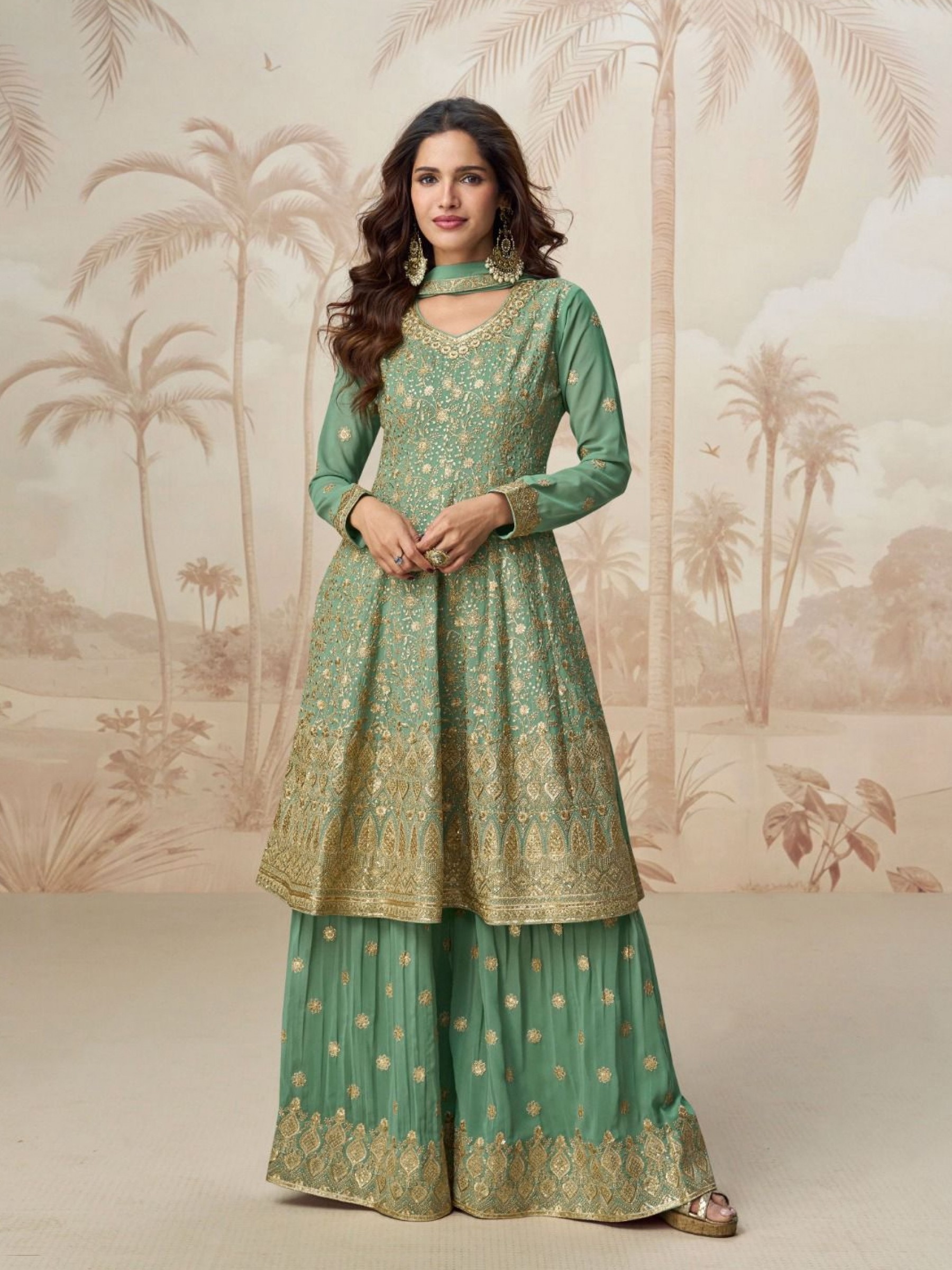 Real Georgette Fabric Party Wear Sharara Lime Color with Embroidery Work