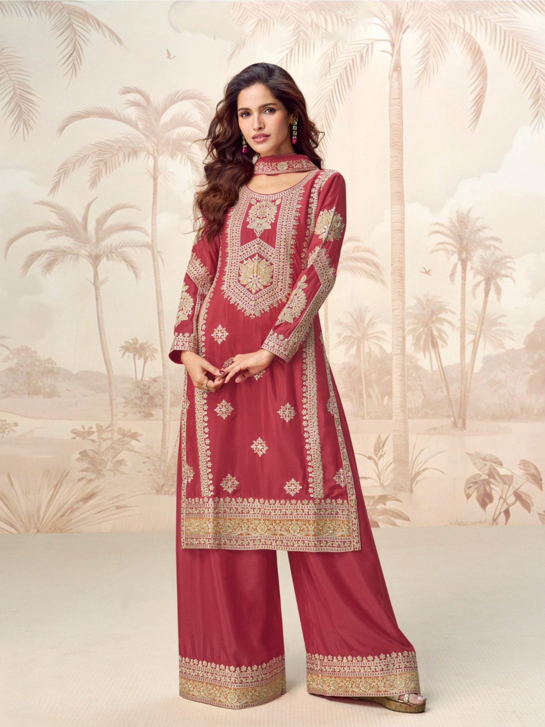 Premium Real Chinon Silk Readymade Party Wear Green In Red Color with Embroidery Work