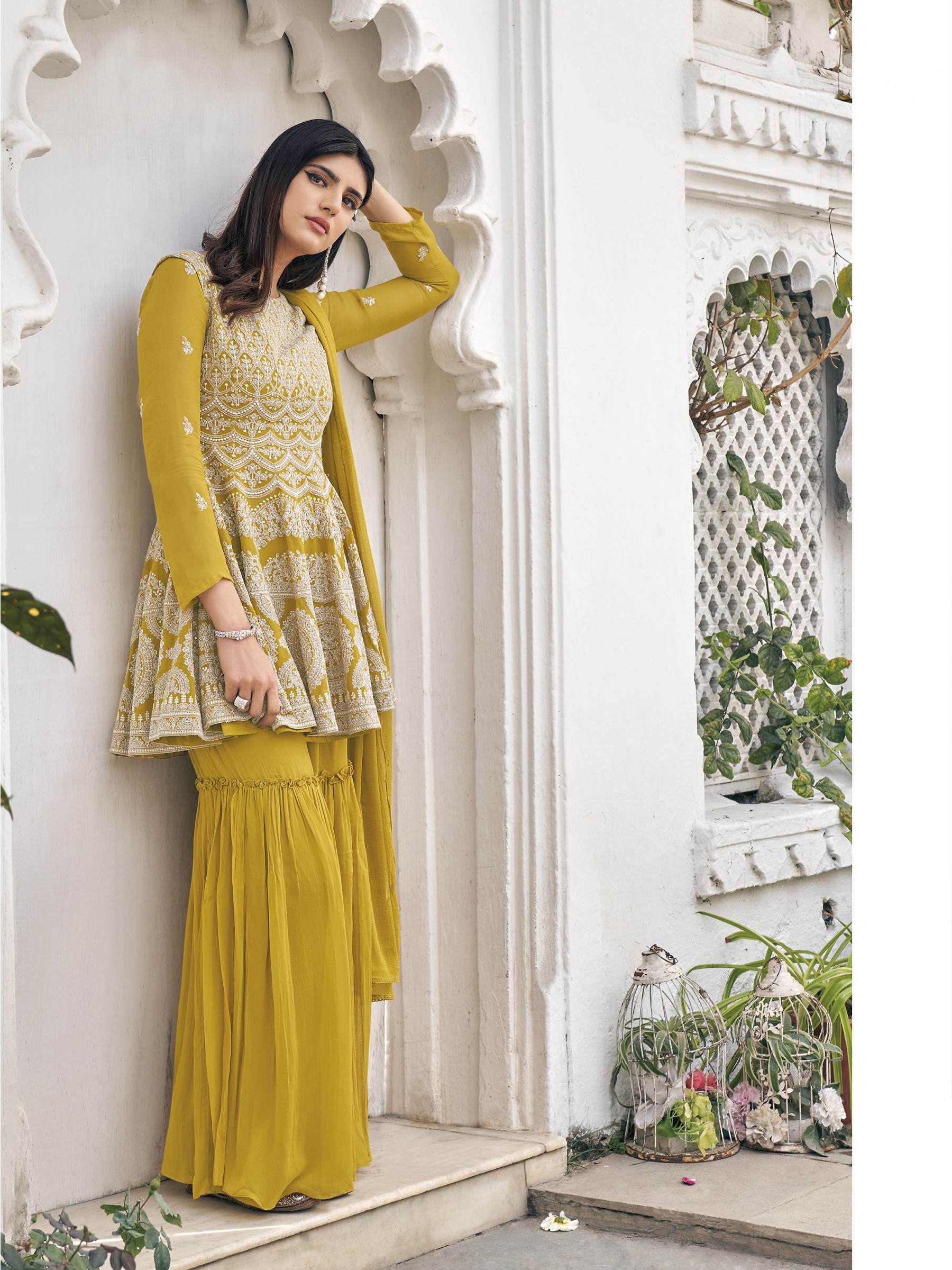 Pure Viscose Georgette Party Wear  Readymade Sarara in Mustard Color with  Embroidery Work