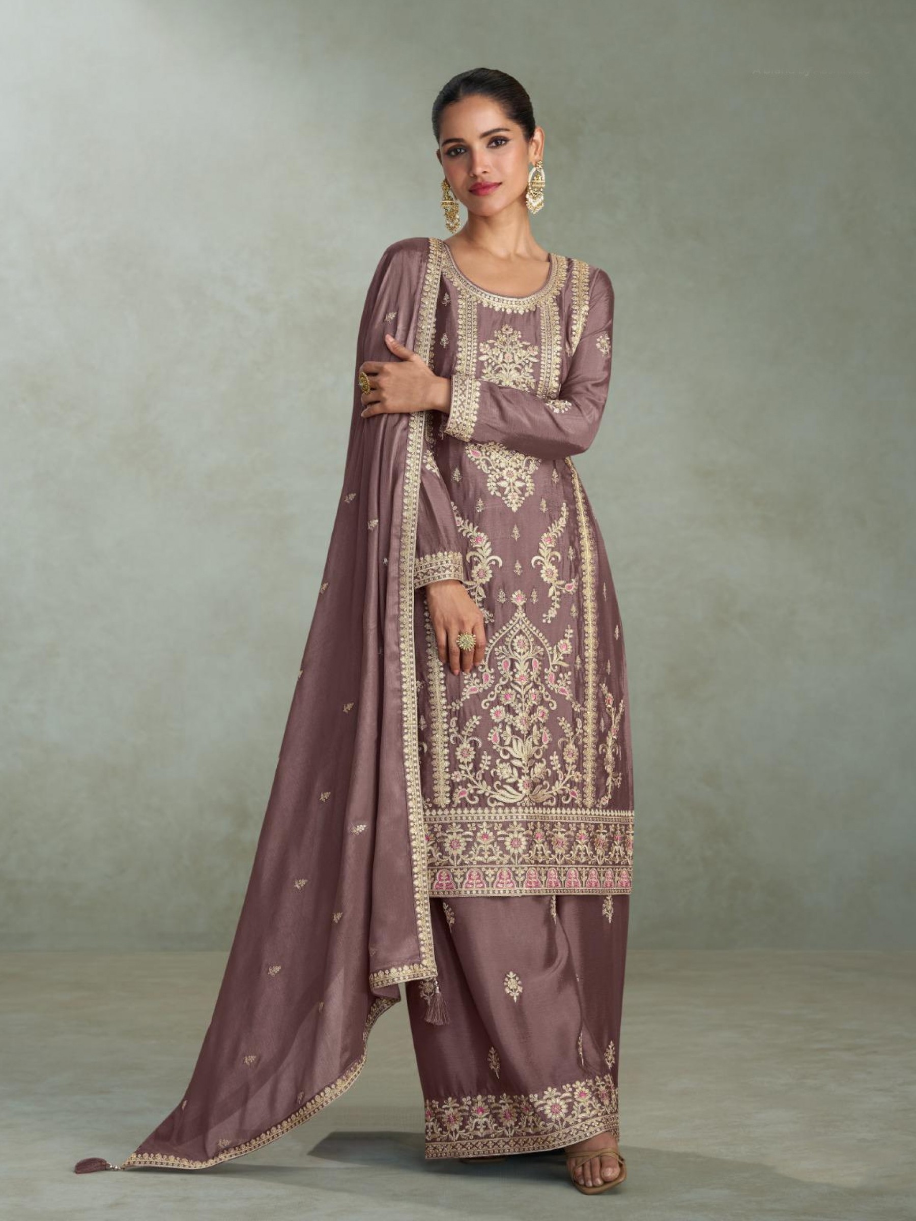 Pure Chinon Silk Party Wear Sharara In Brown Color with Embroidery Work