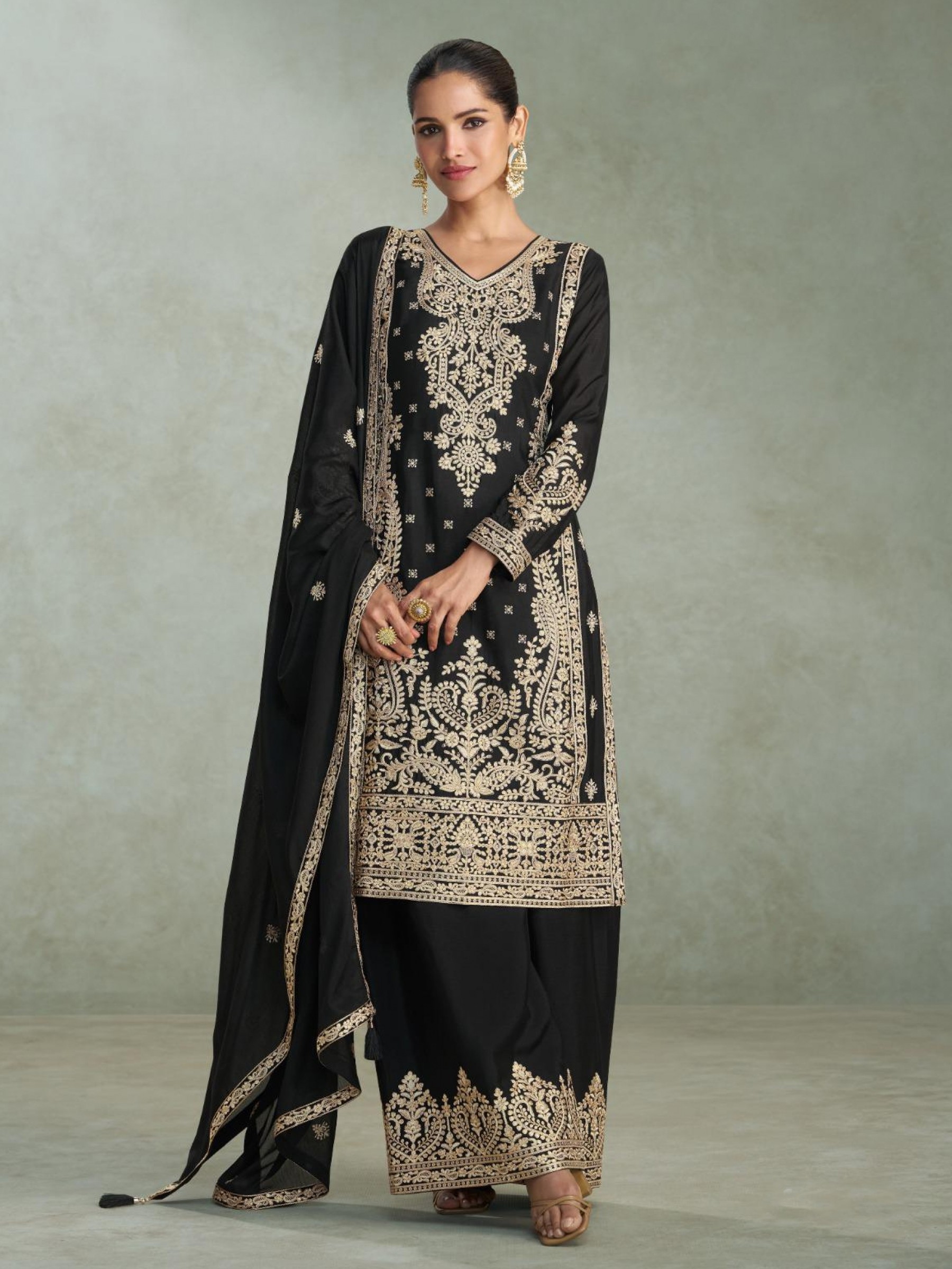 Pure Chinon Silk Party Wear Sharara In Black Color with Embroidery Work