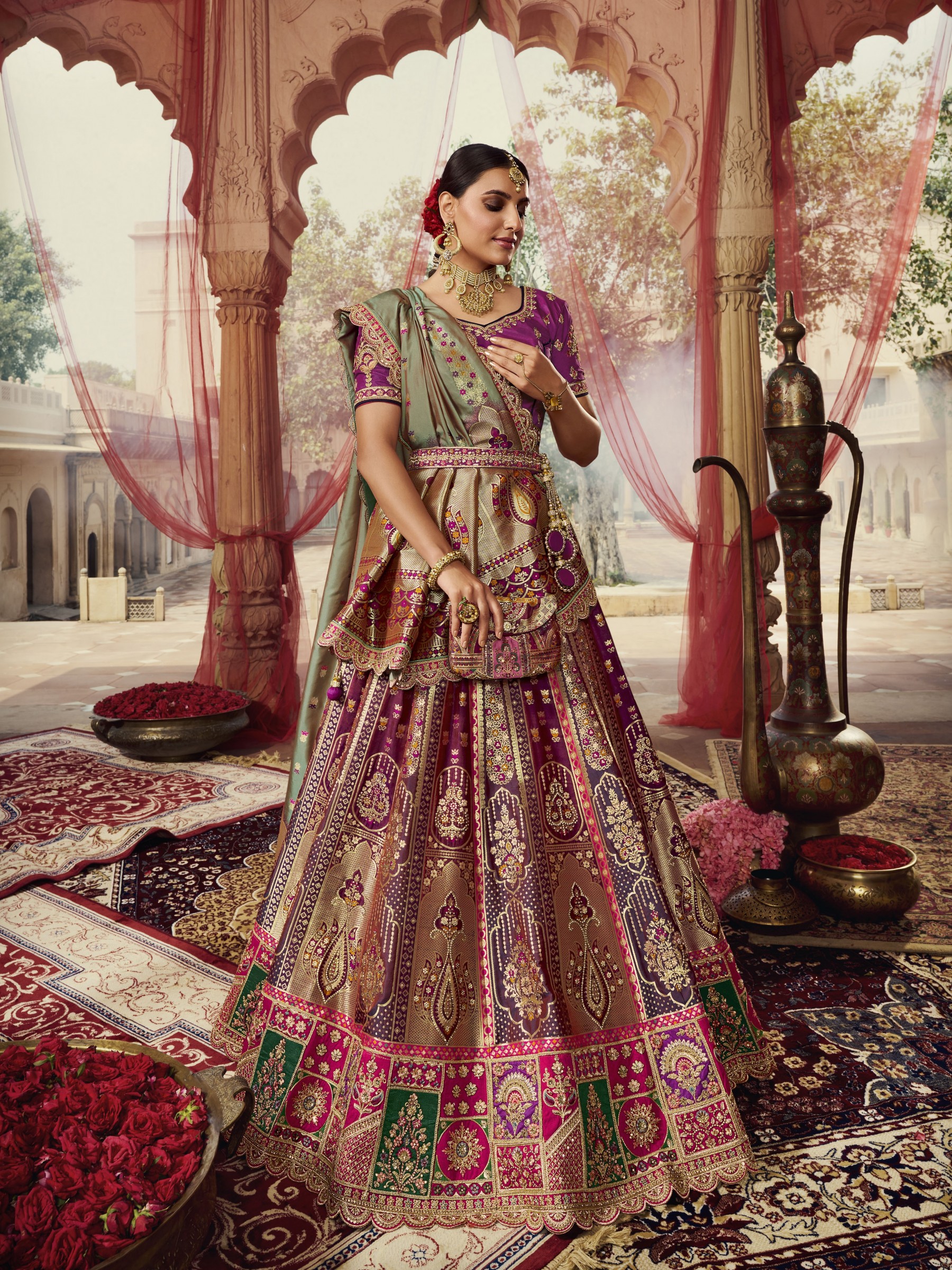 Pure Banarasi Silk Wedding Lehenga in Purple With Embroidery work
