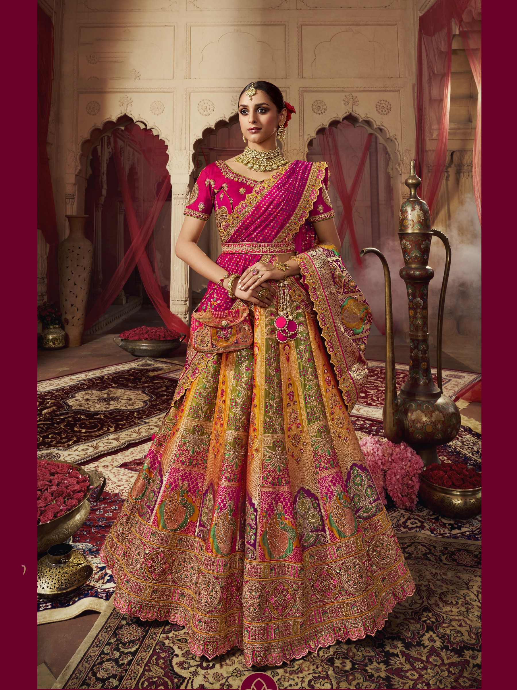 Pure Banarasi Silk Wedding Lehenga in Multicolor With Embroidery work