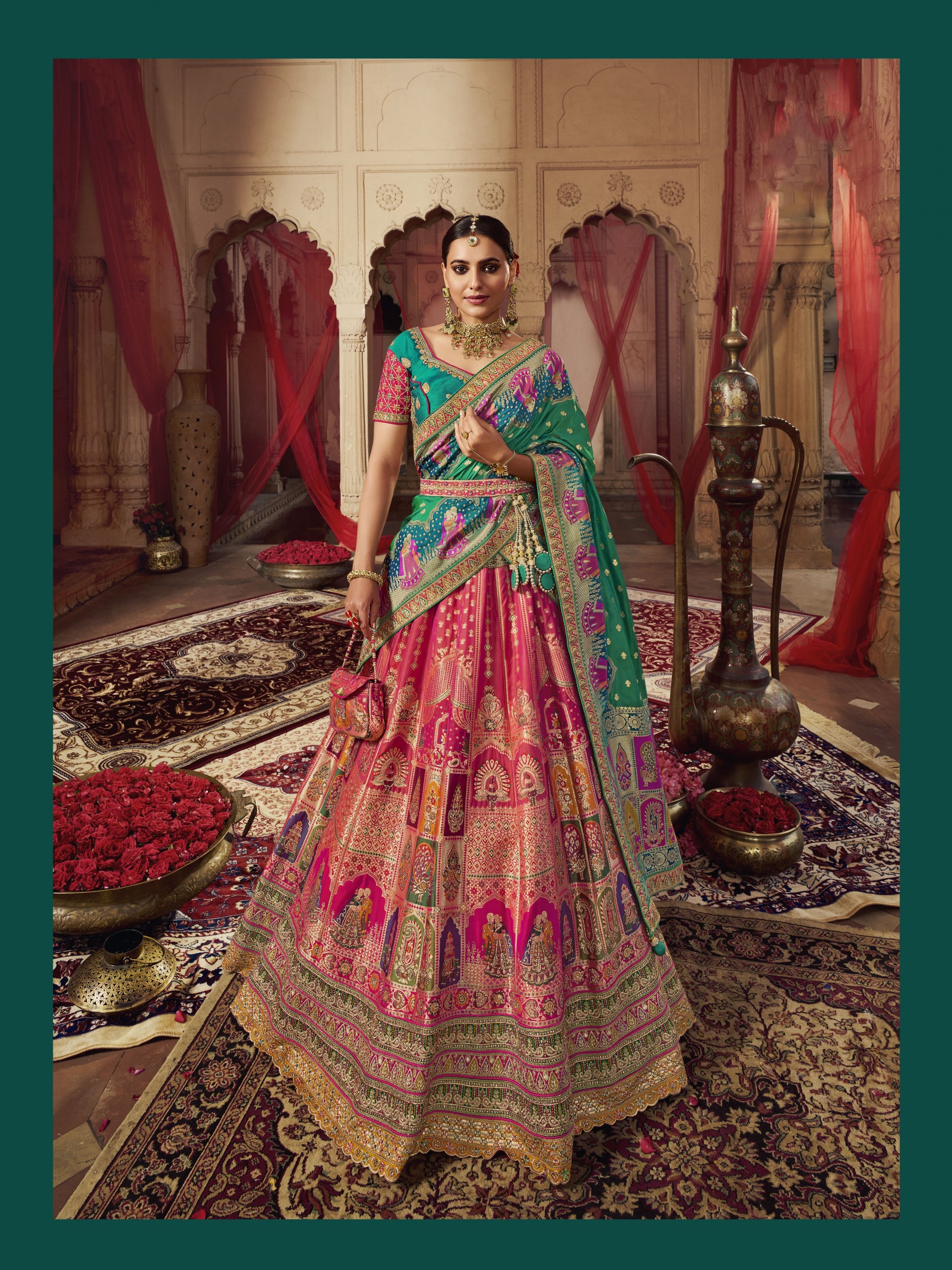 Pure Banarasi Silk Wedding Lehenga in Multicolor With Embroidery work