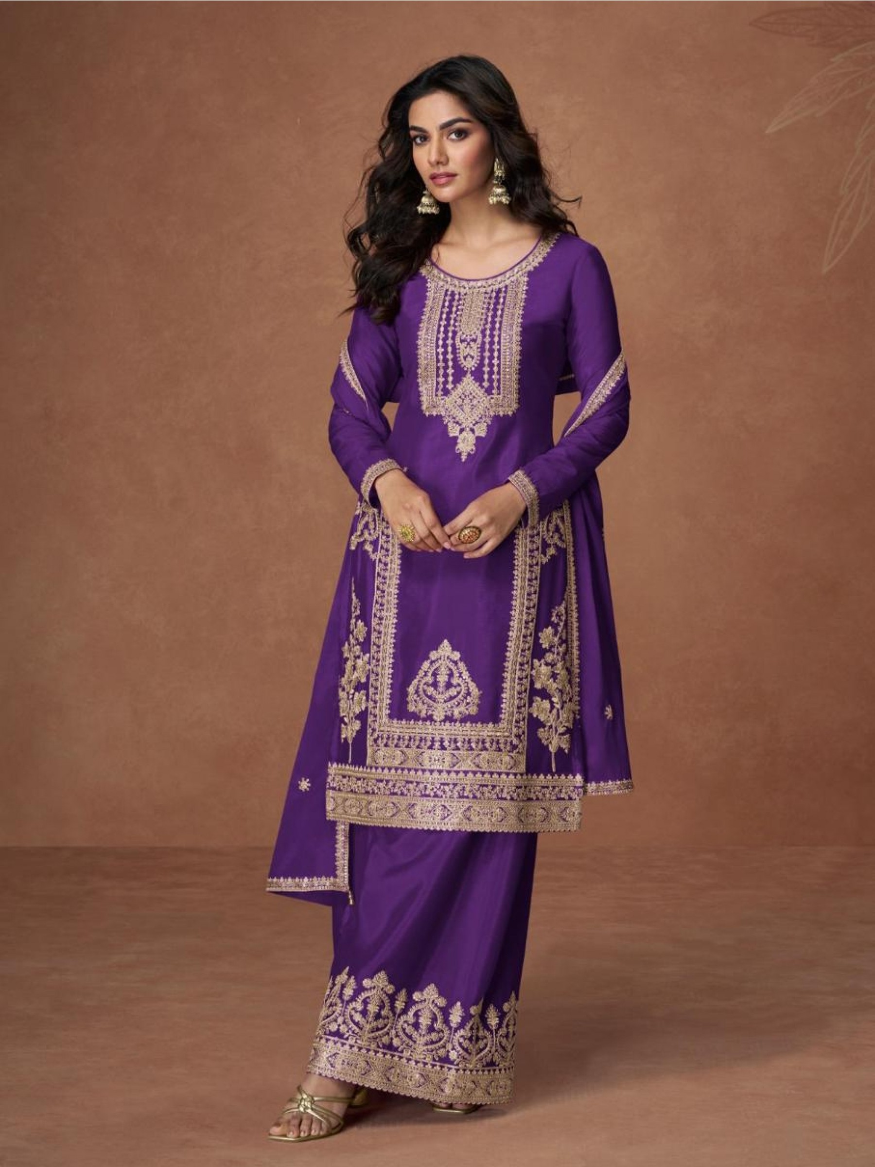 Premium Real Chinon Silk Readymade Party Wear Sharara In Purple Color with Embroidery Work