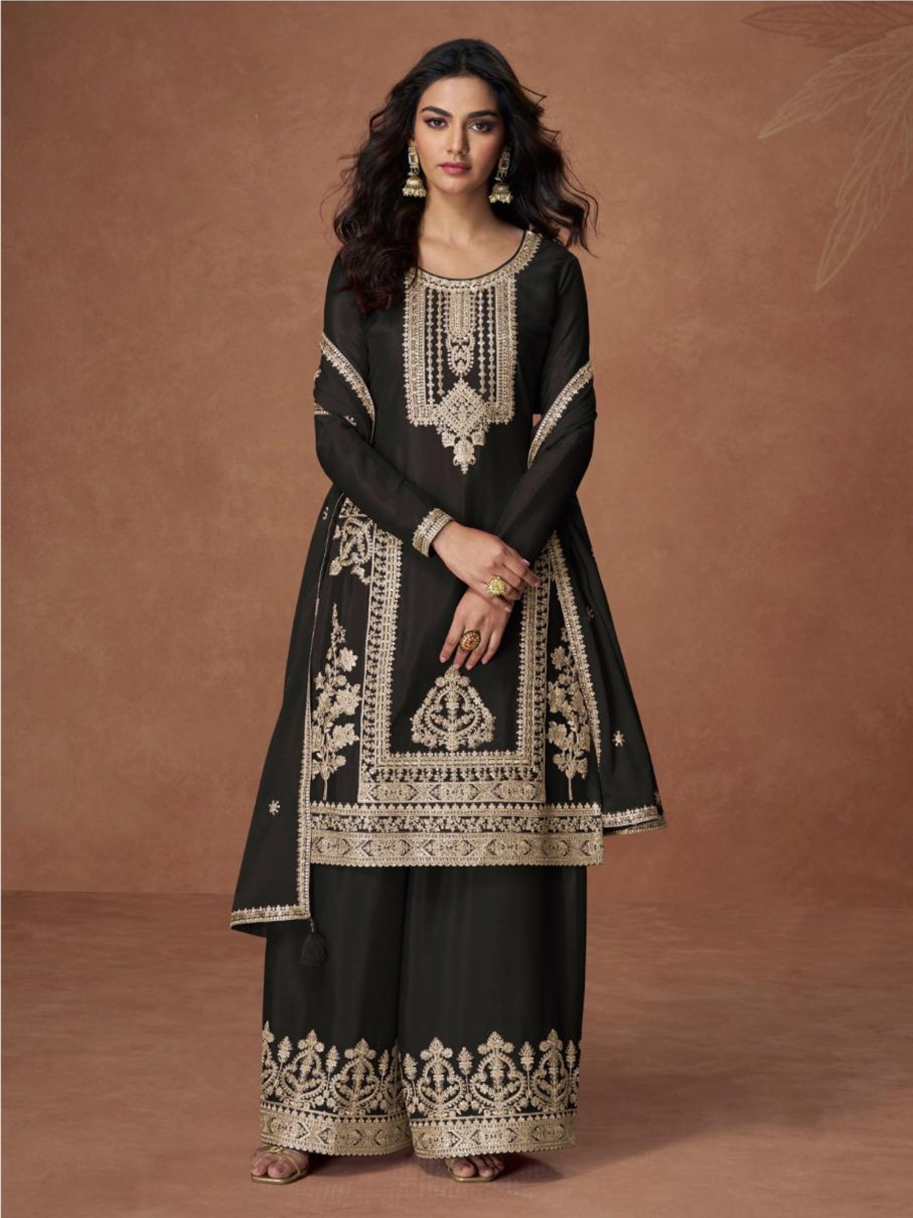 Premium Real Chinon Silk Readymade Party Wear Sharara In Black Color with Embroidery Work