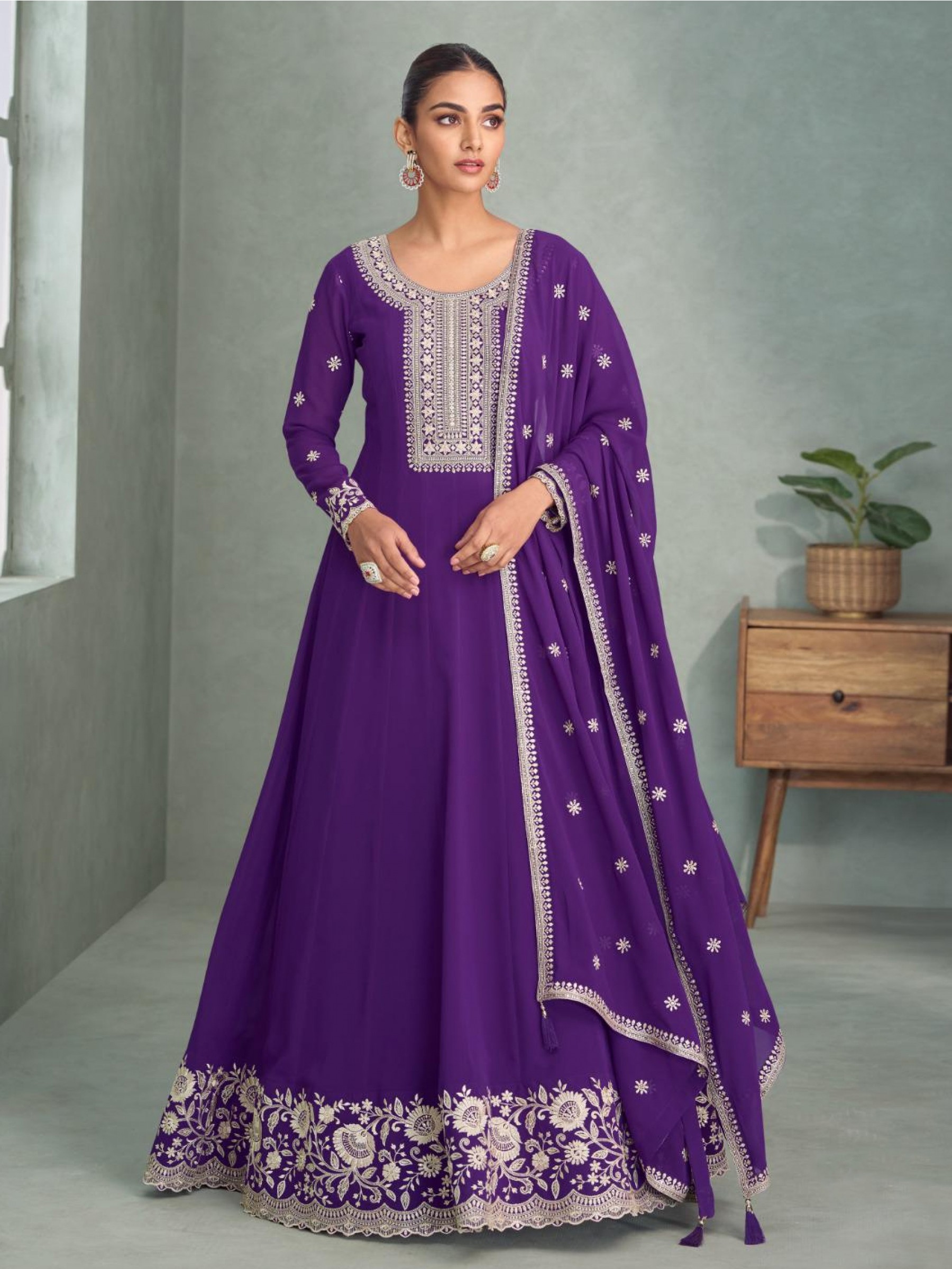 Pure Silk Weddomg Wear Gown Purple ow Color with Embroidery Work 