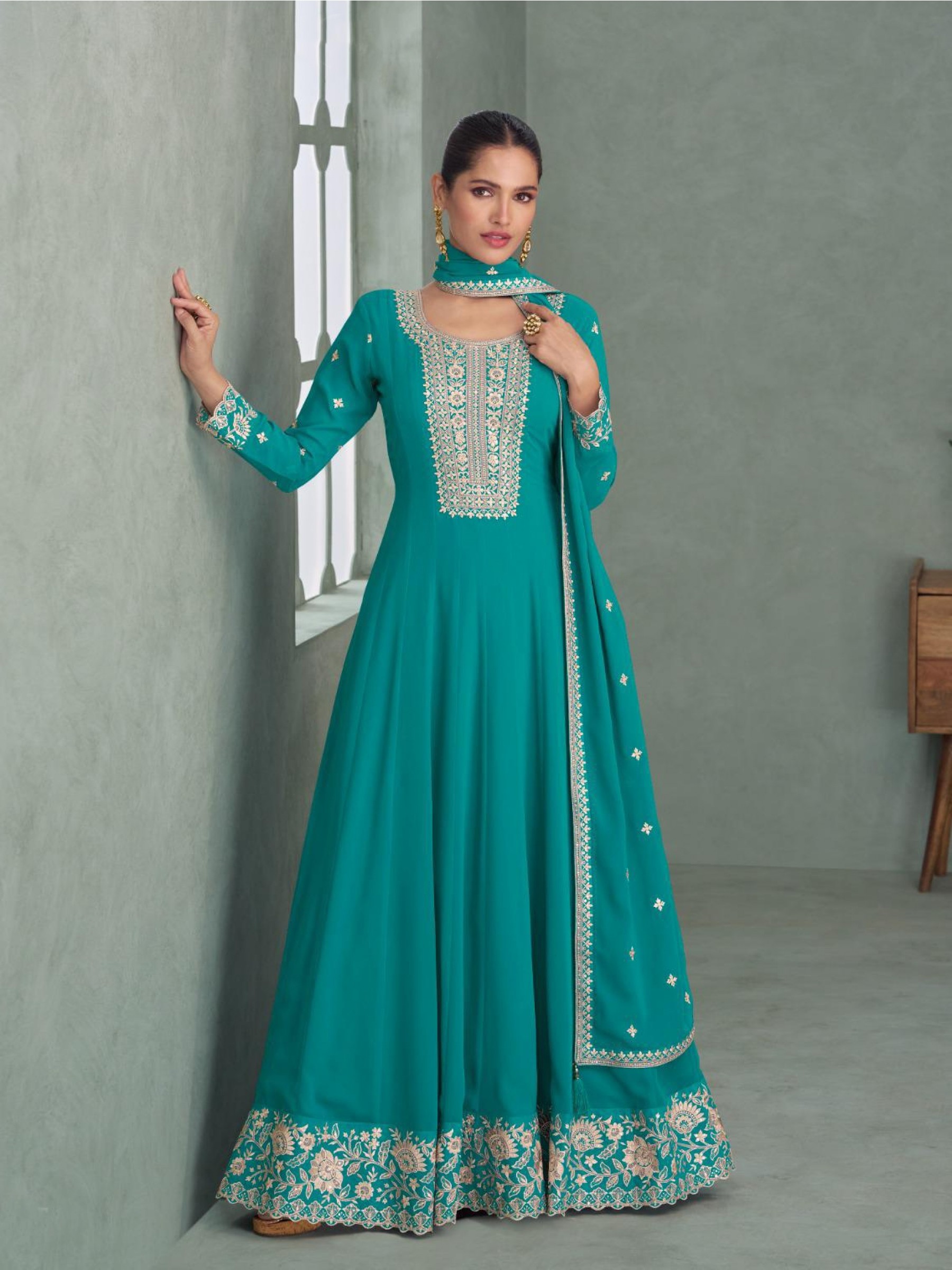 Real Georgette Party Wear Gown In Turquiose Blue Color with Embroidery Work