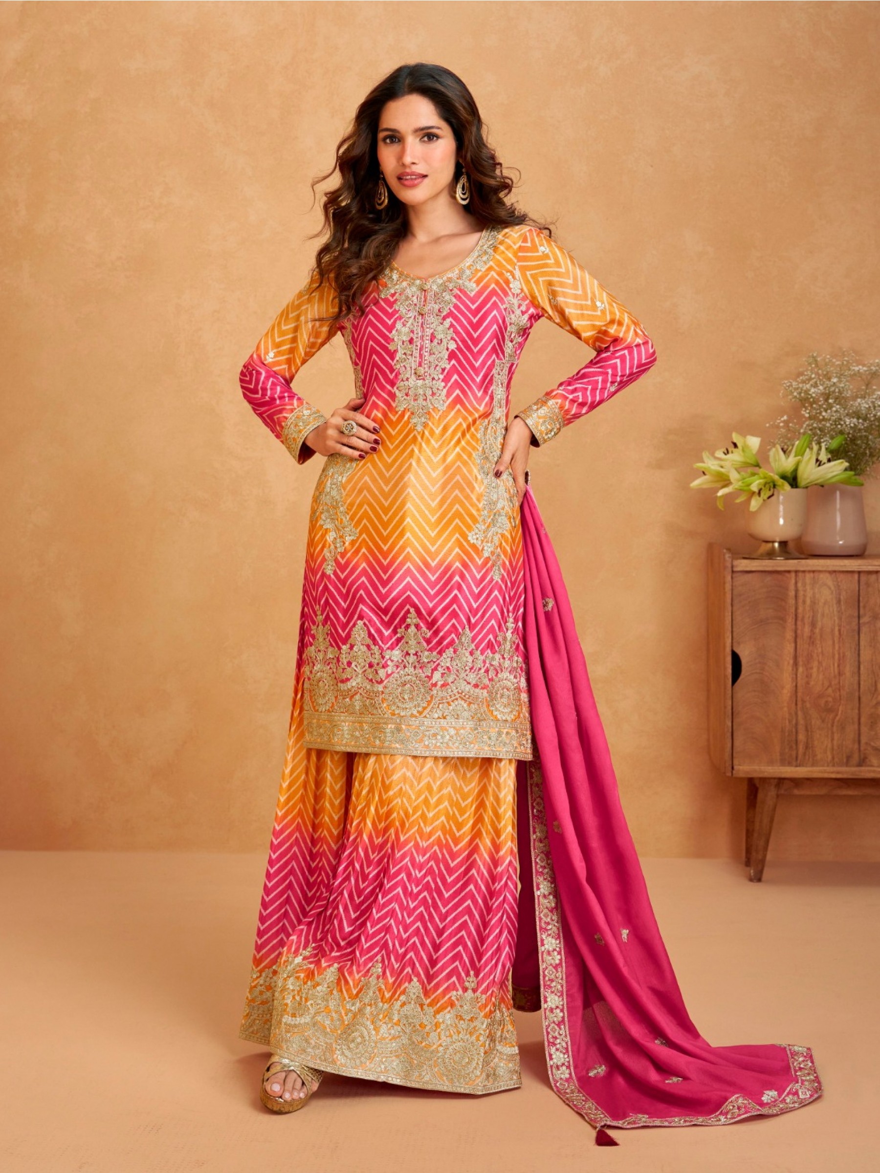 Premium Chinnon Silk Party Wear Sharara Pink & Orange Color with Embroidery Work