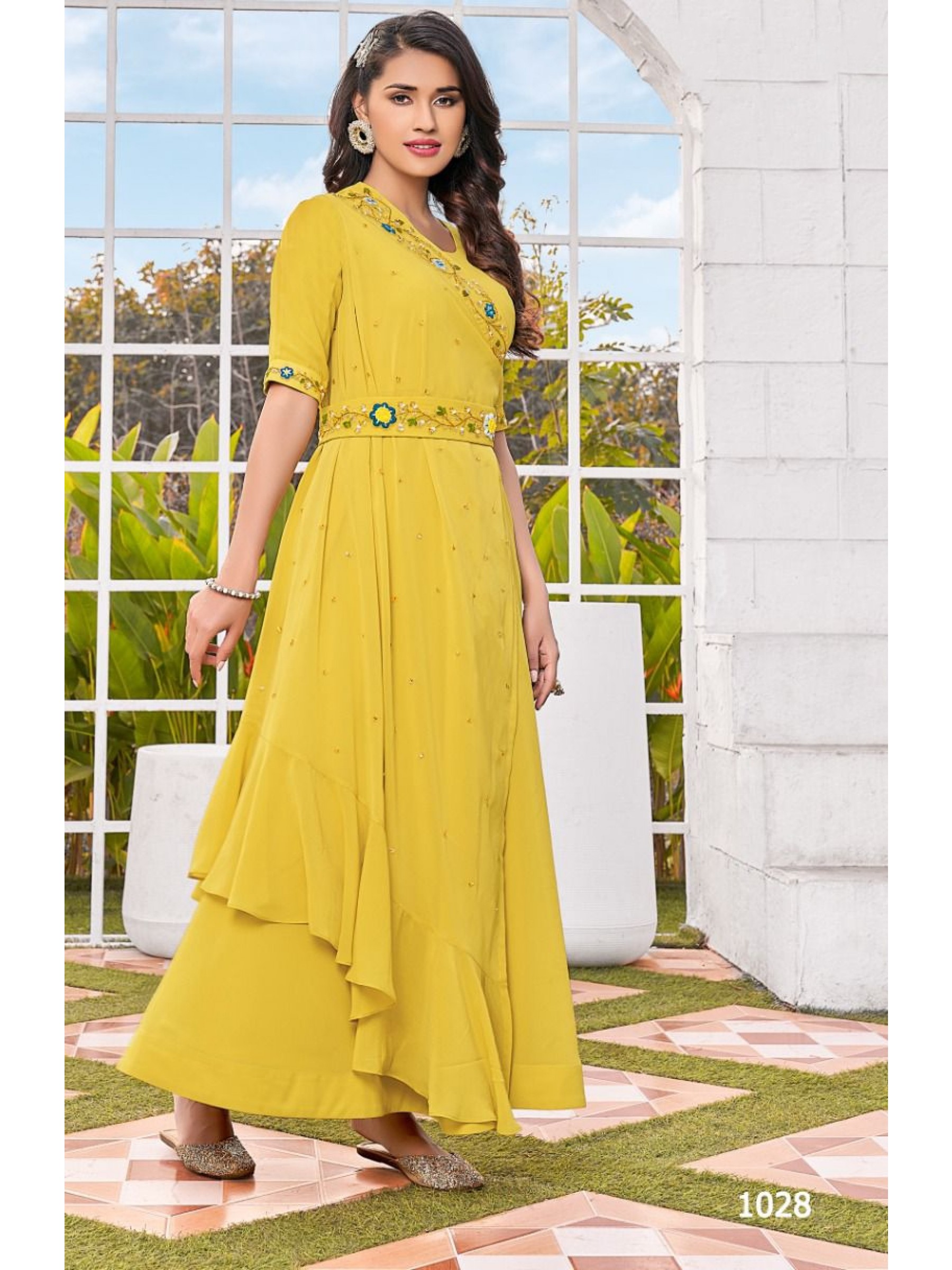 Geogratte With Cotton Lining  Fabrics Long Kurti In Yellow Color