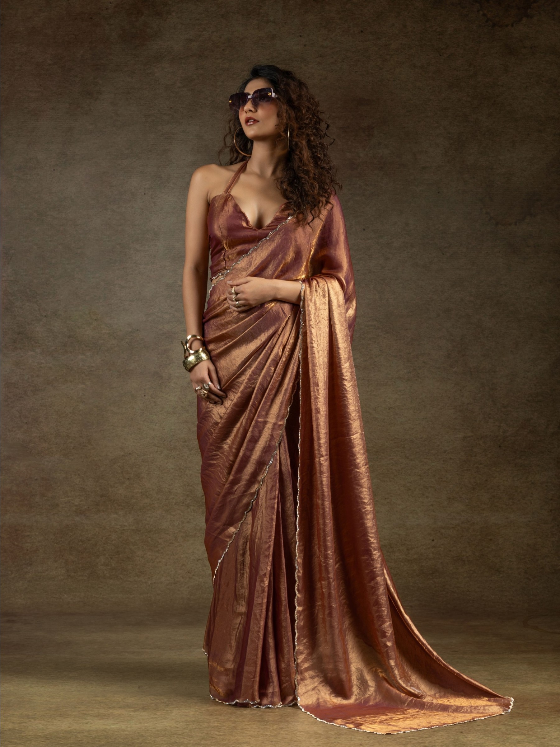 Pure Satin Silk Ready to wear Saree In Brown Color 
