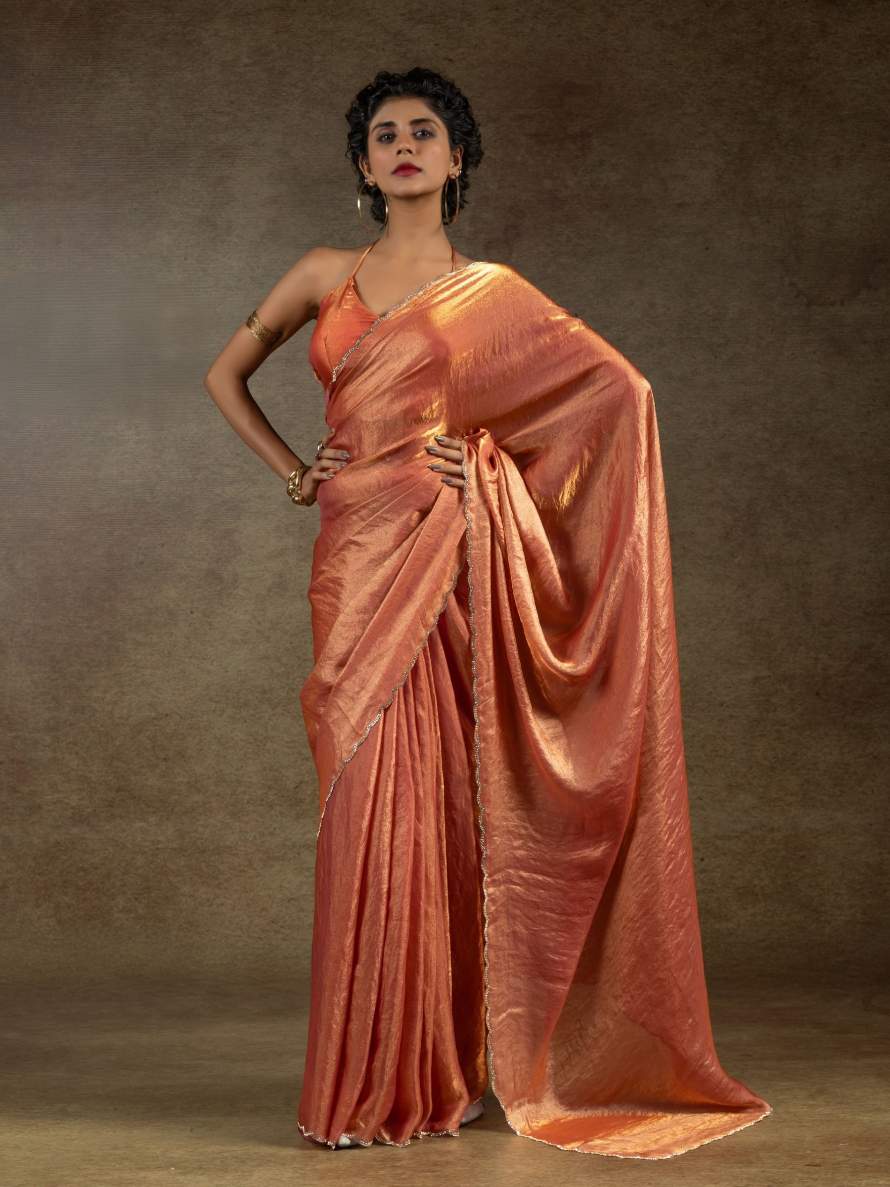 Pure Satin Silk Ready to wear Saree In Orange Color 