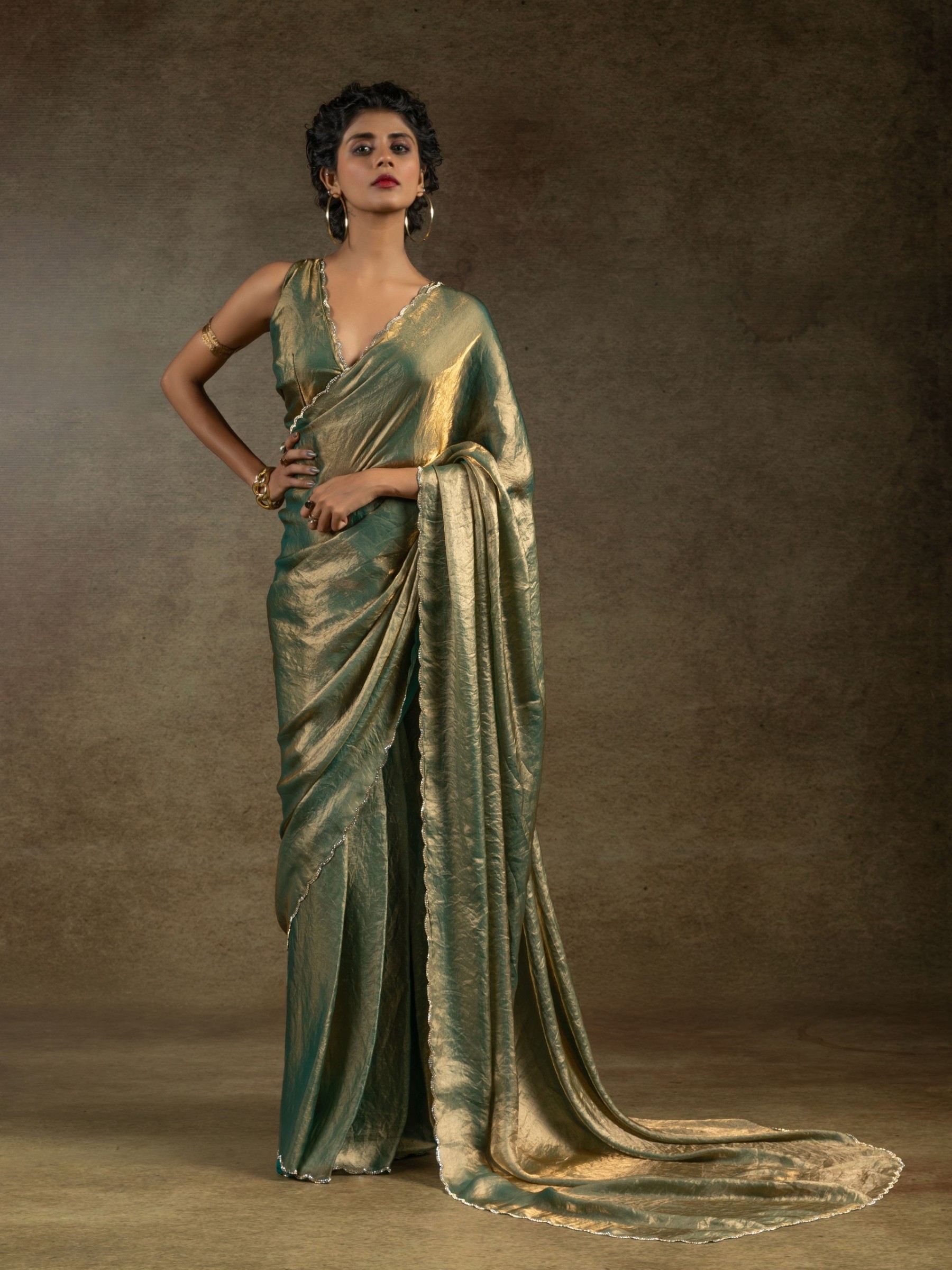 Pure Satin Silk Ready to wear Saree In Green Color 