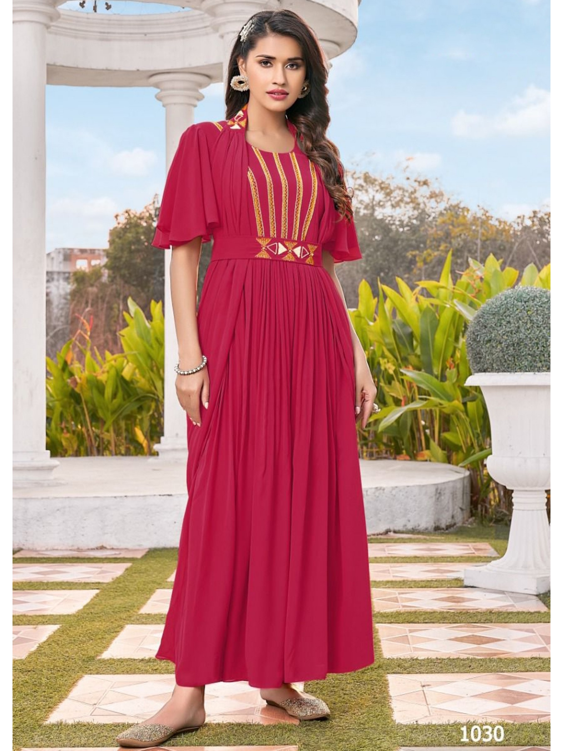 Geogratte With Cotton Lining  Fabrics Long Kurti In Red Color