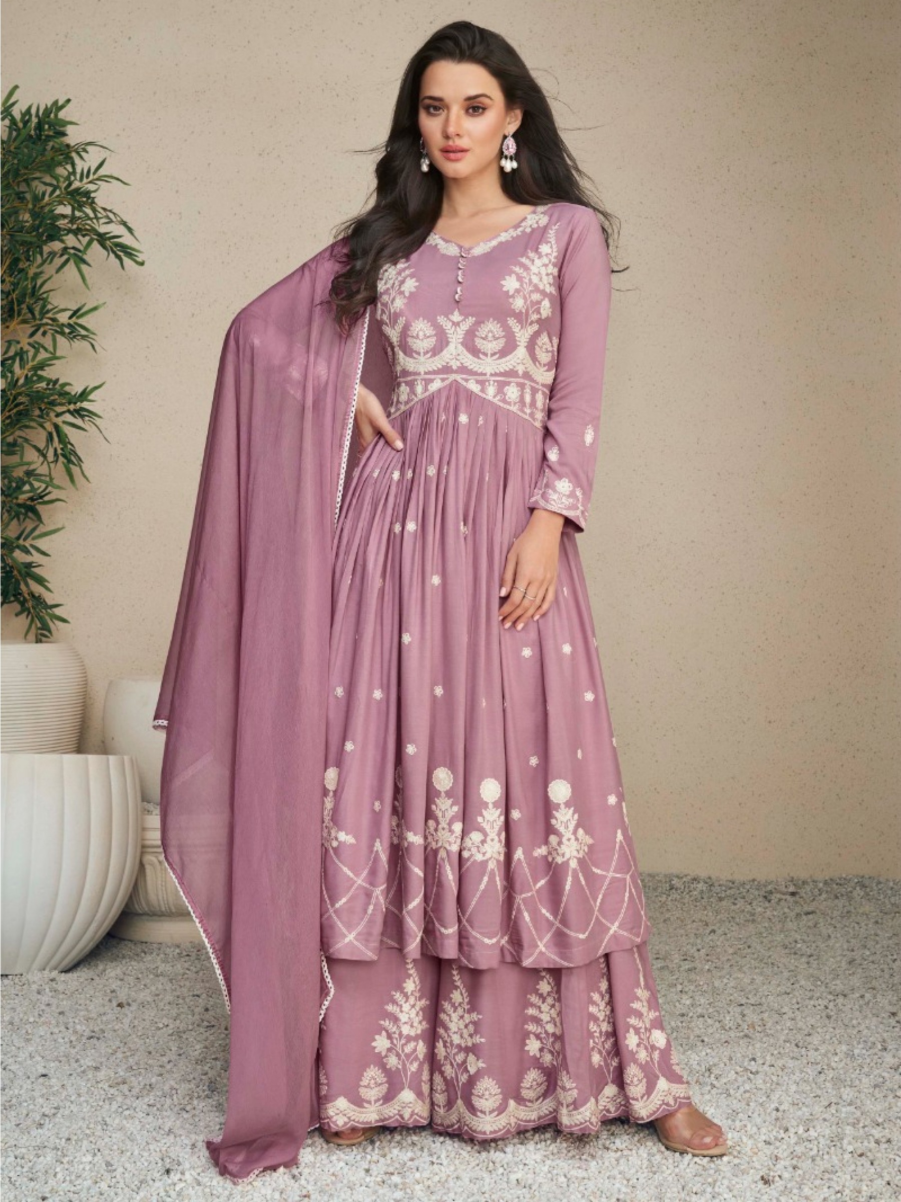 Reyon  Party Wear Sharara in Purple Color with  Embroidery Work
