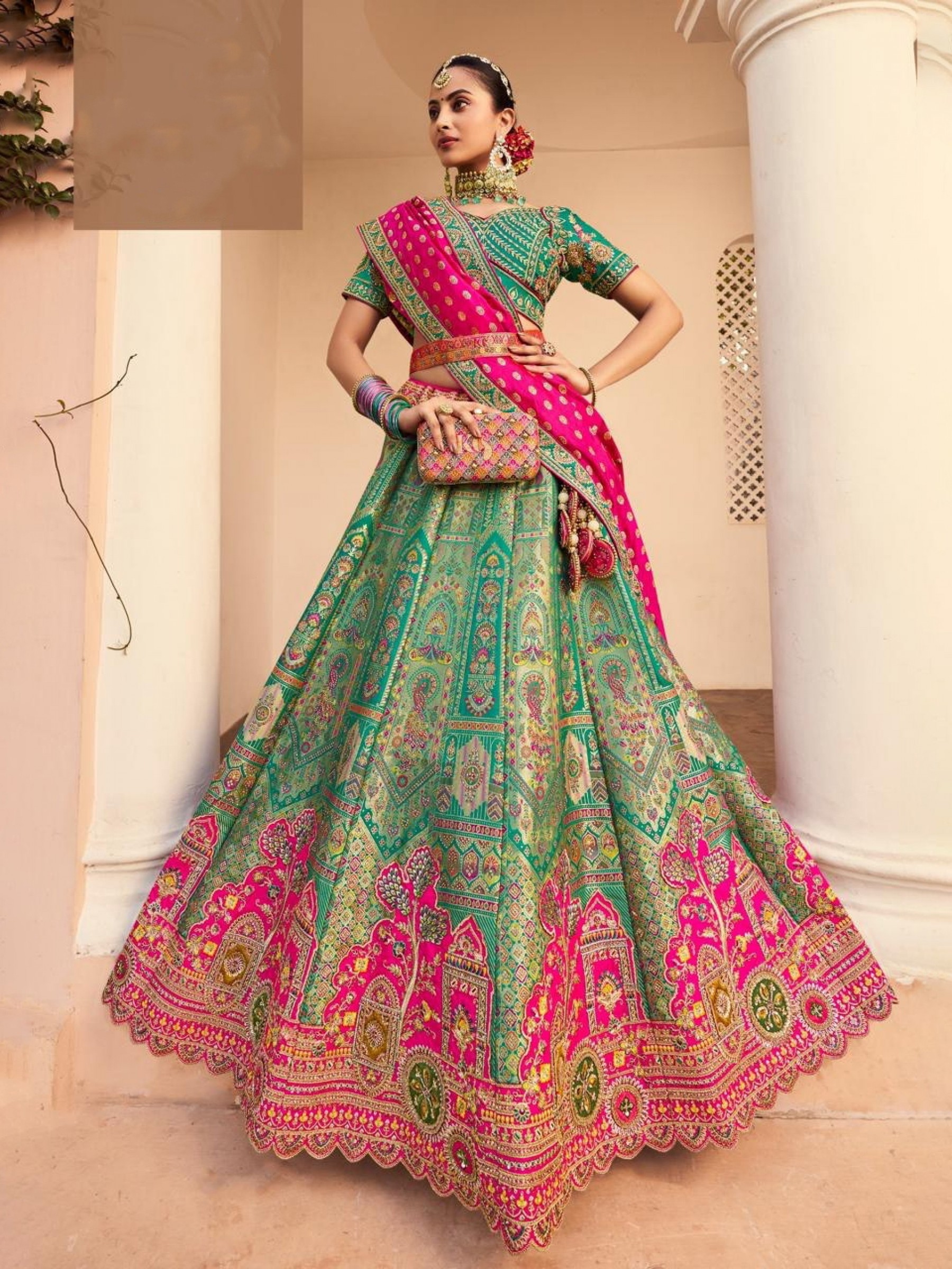 Pure Banarasi Silk Wedding Wear Lehenga in Green Color With Embroidery Work