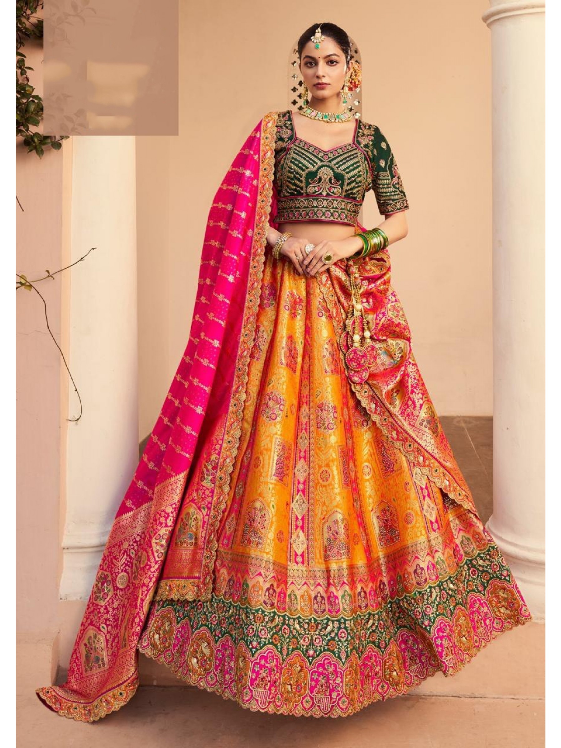 Pure Banarasi Silk Wedding Wear Lehenga in Multi Color With Embroidery Work