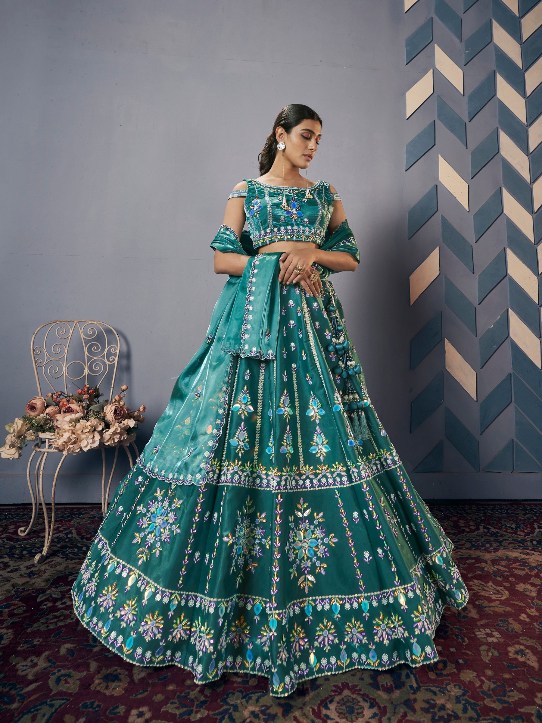 Jimichoo Silk Fabric Wedding Wear Lehenga In Teal Color With HandWork 