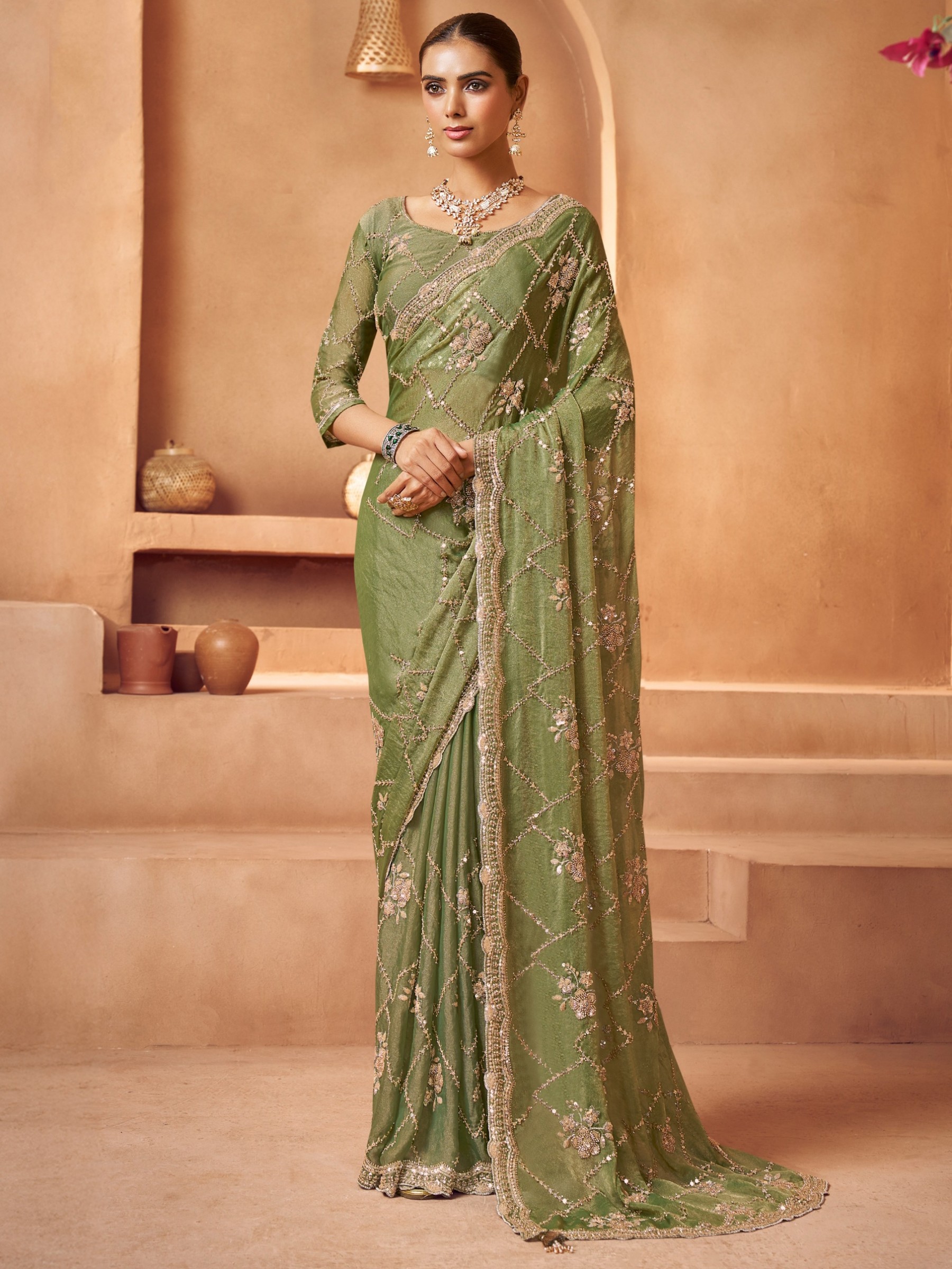 Pure Tissue Fabric Wedding wear Saree In Green Color With Embroidery Work