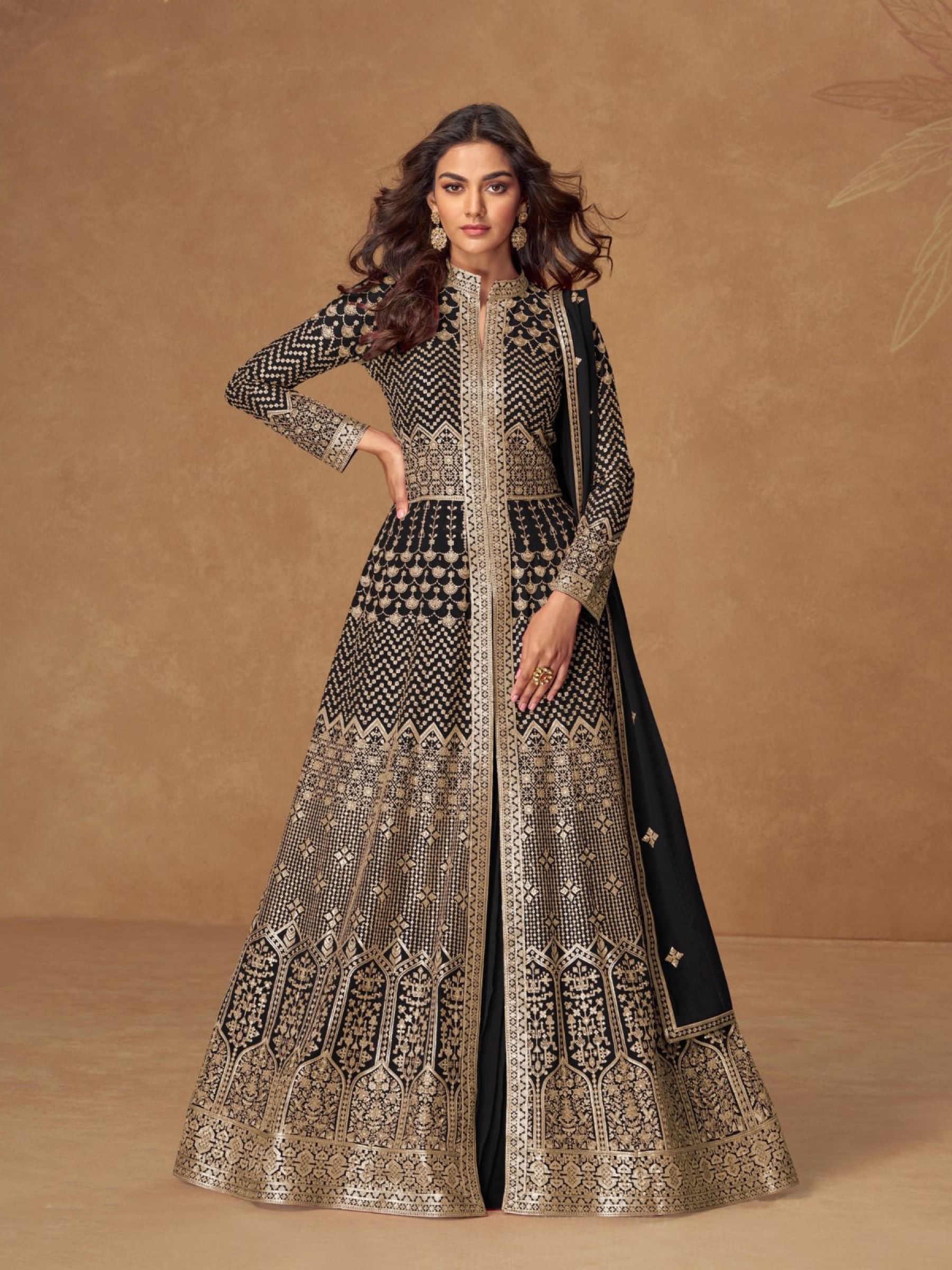 Real Georgette Party Wear Gown In Black Color with Embroidery Work