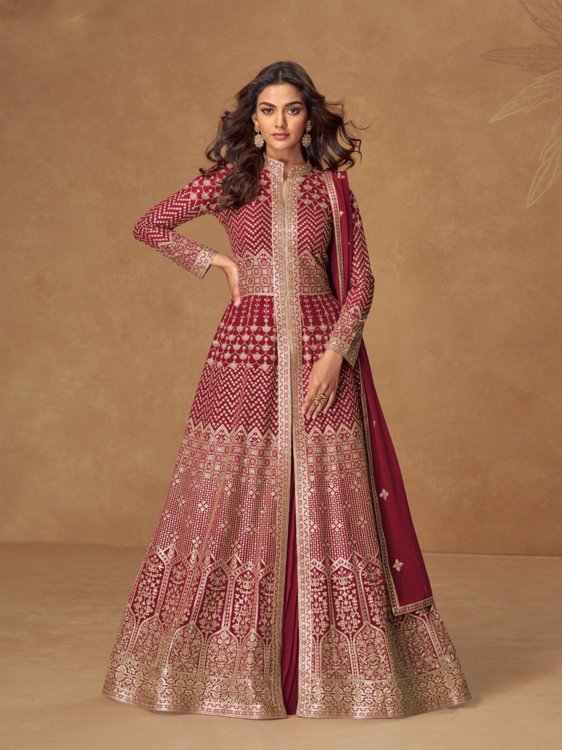 Real Georgette Party Wear Gown In Maroon Color with Embroidery Work