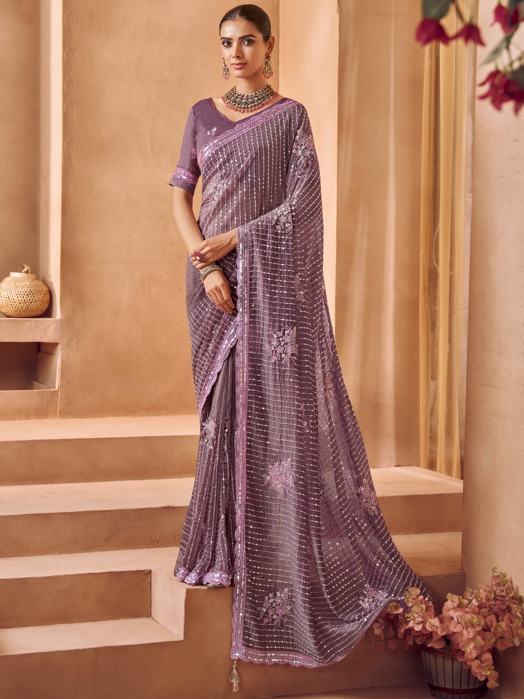 Pure Tissue Fabric Wedding wear Saree In Purple Color With Embroidery Work