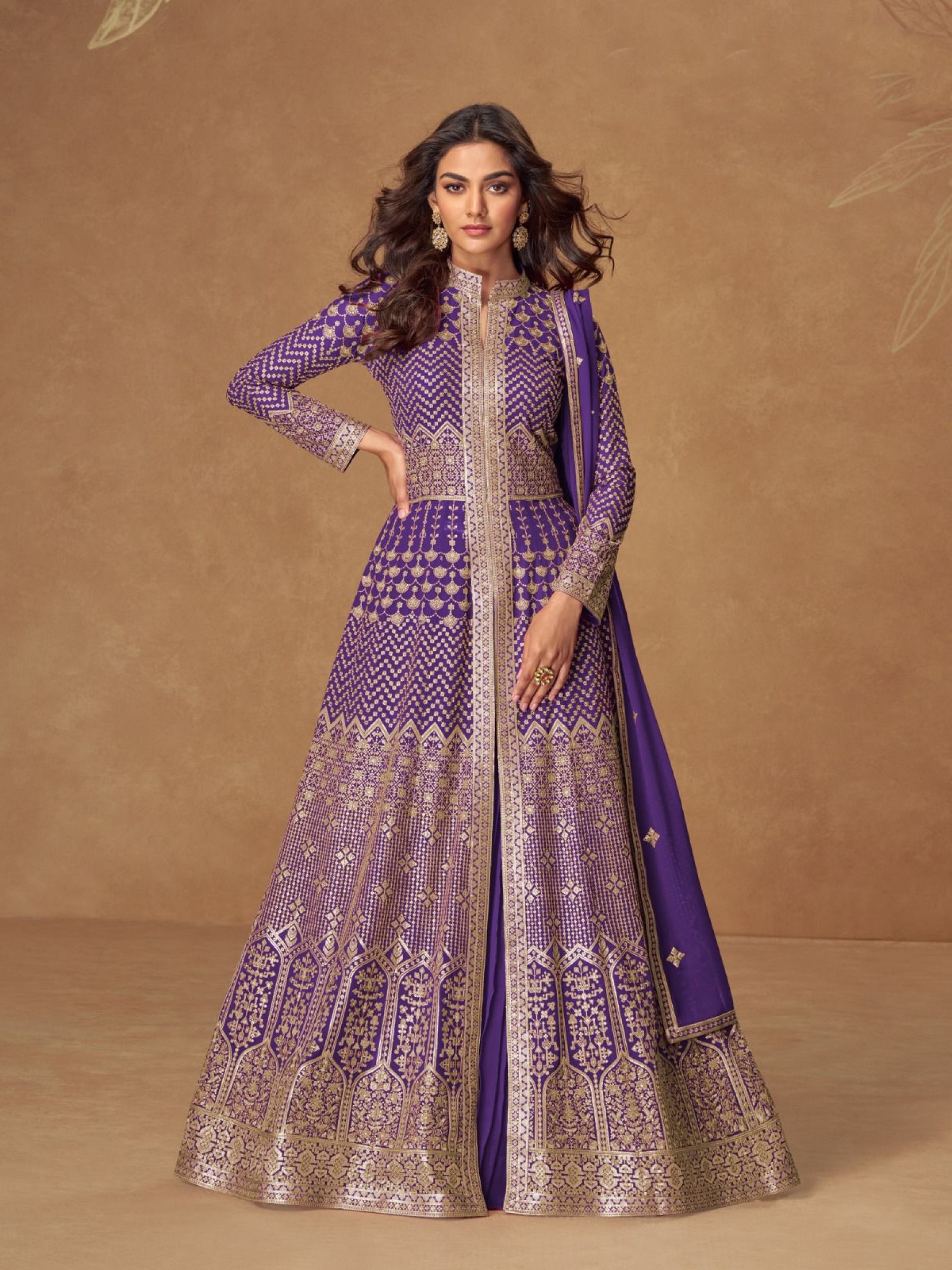 Real Georgette Party Wear Gown In Purple Color with Embroidery Work