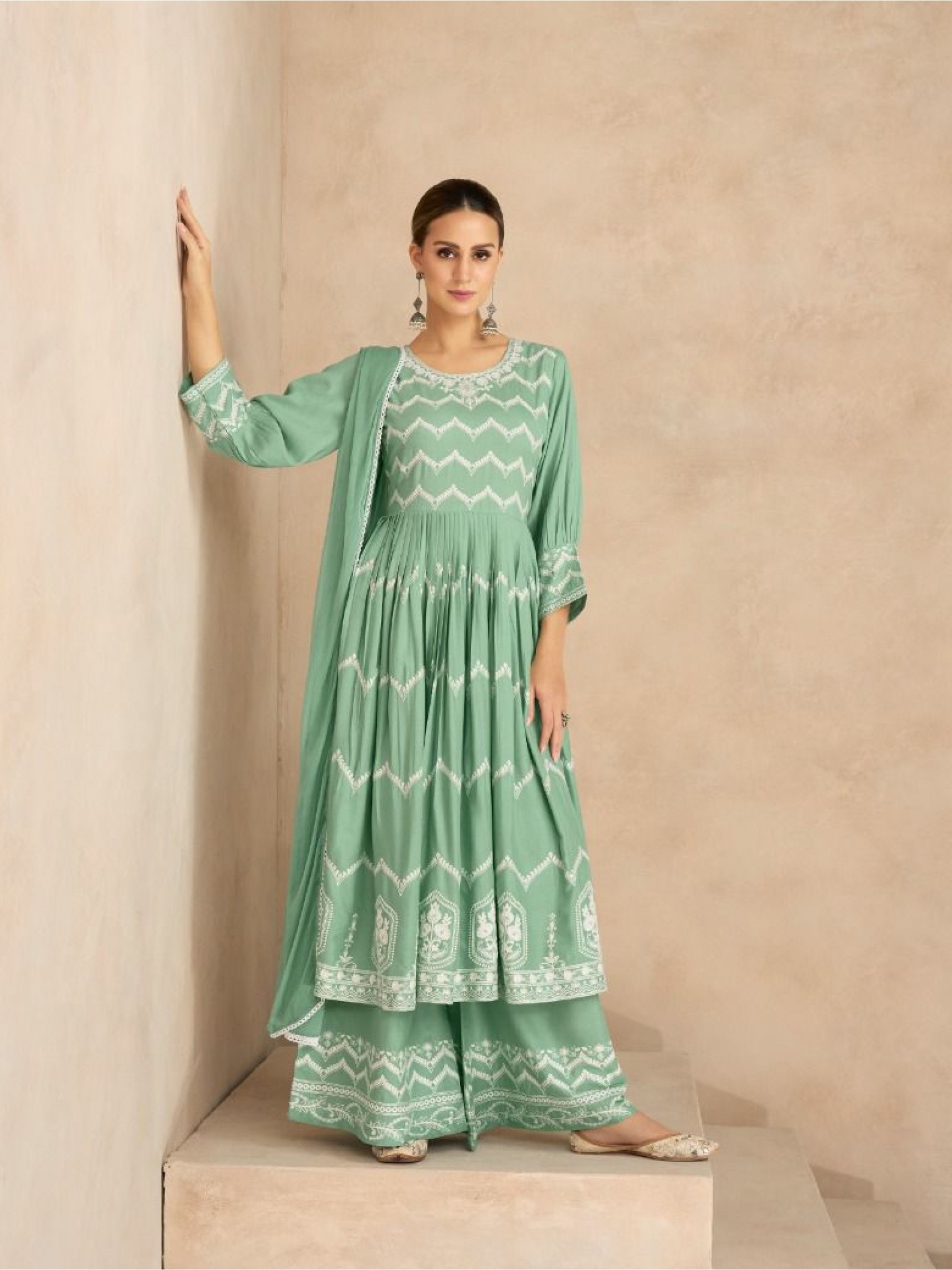 Reyon  Party Wear Sharara in Sea Green Color with  Embroidery Work