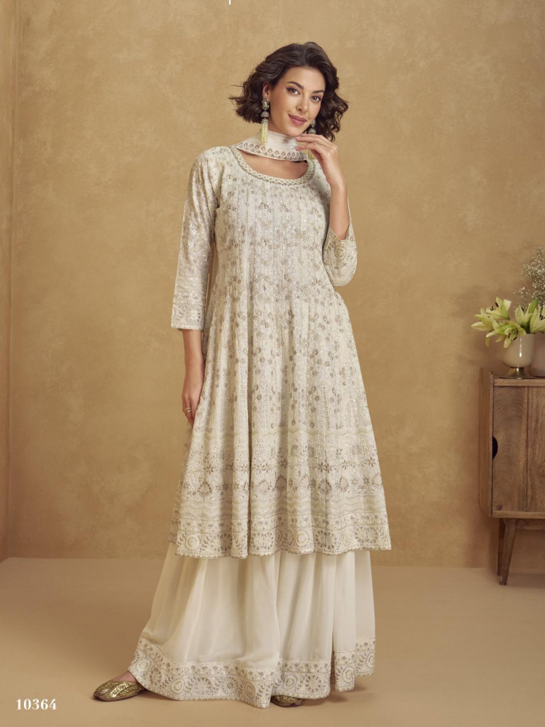 Real Georgette Fabric Party Wear Sharara Off White Color with Embroidery Work