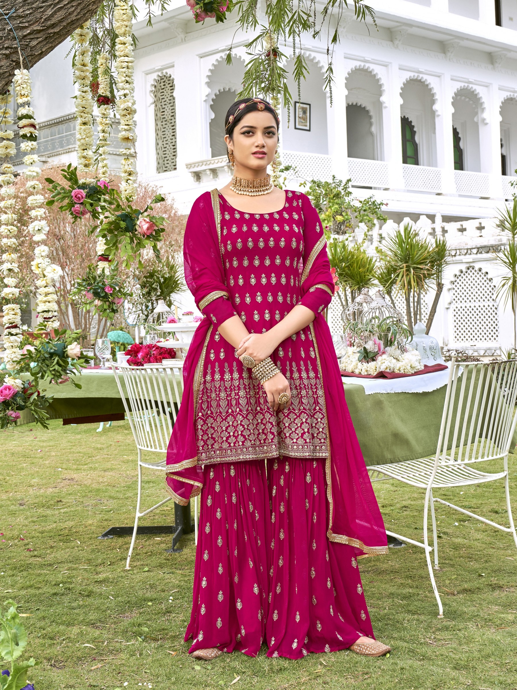 Pure Viscose georgette Party Wear Readymade Sharara  in Pink Color with  Embroidery Work
