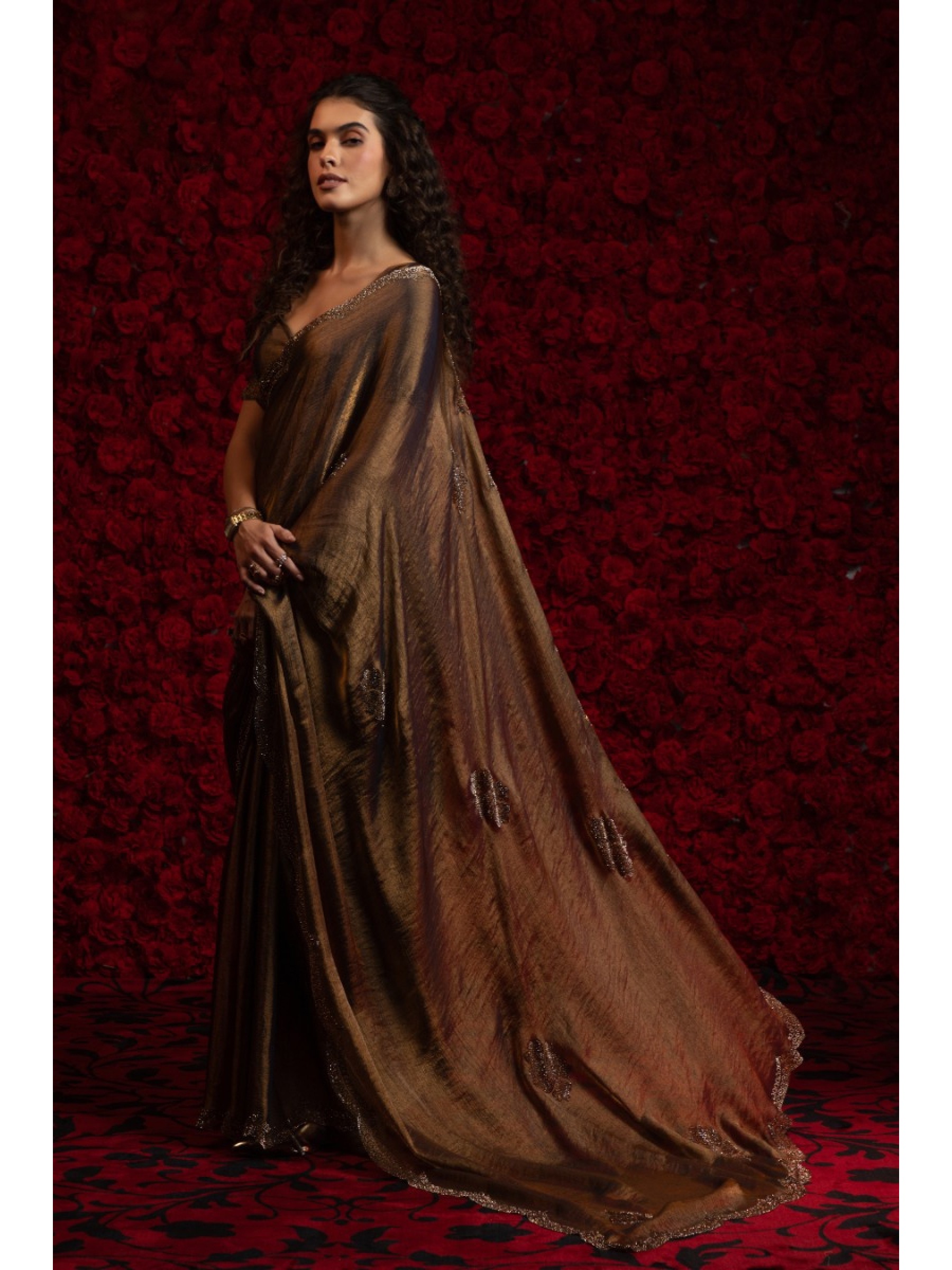 Satin Chiffon Party wear Saree In Brown Color with Swaroskvi Work 
