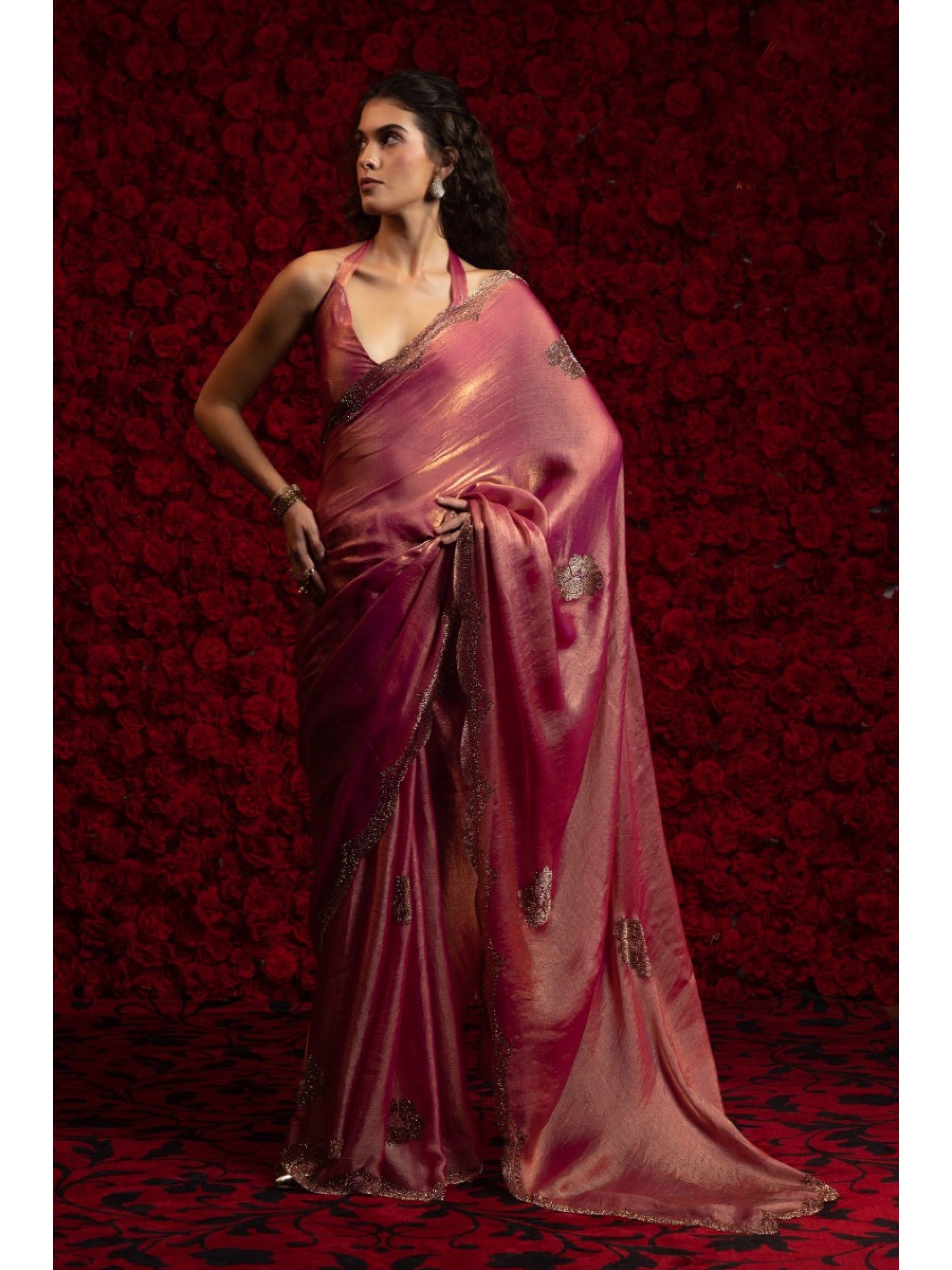 Satin Chiffon Party wear Saree In Pink Color with Swaroskvi Work 