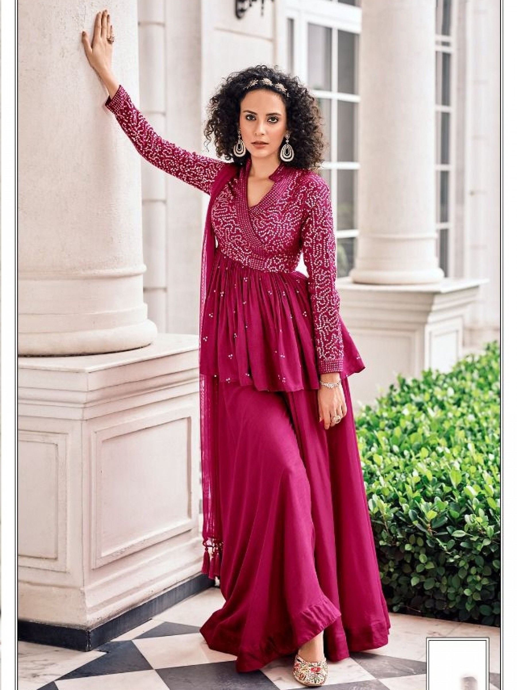 Pure Viscose Georgette Party Wear Sarara in Magenta Color with  Embroidery Work