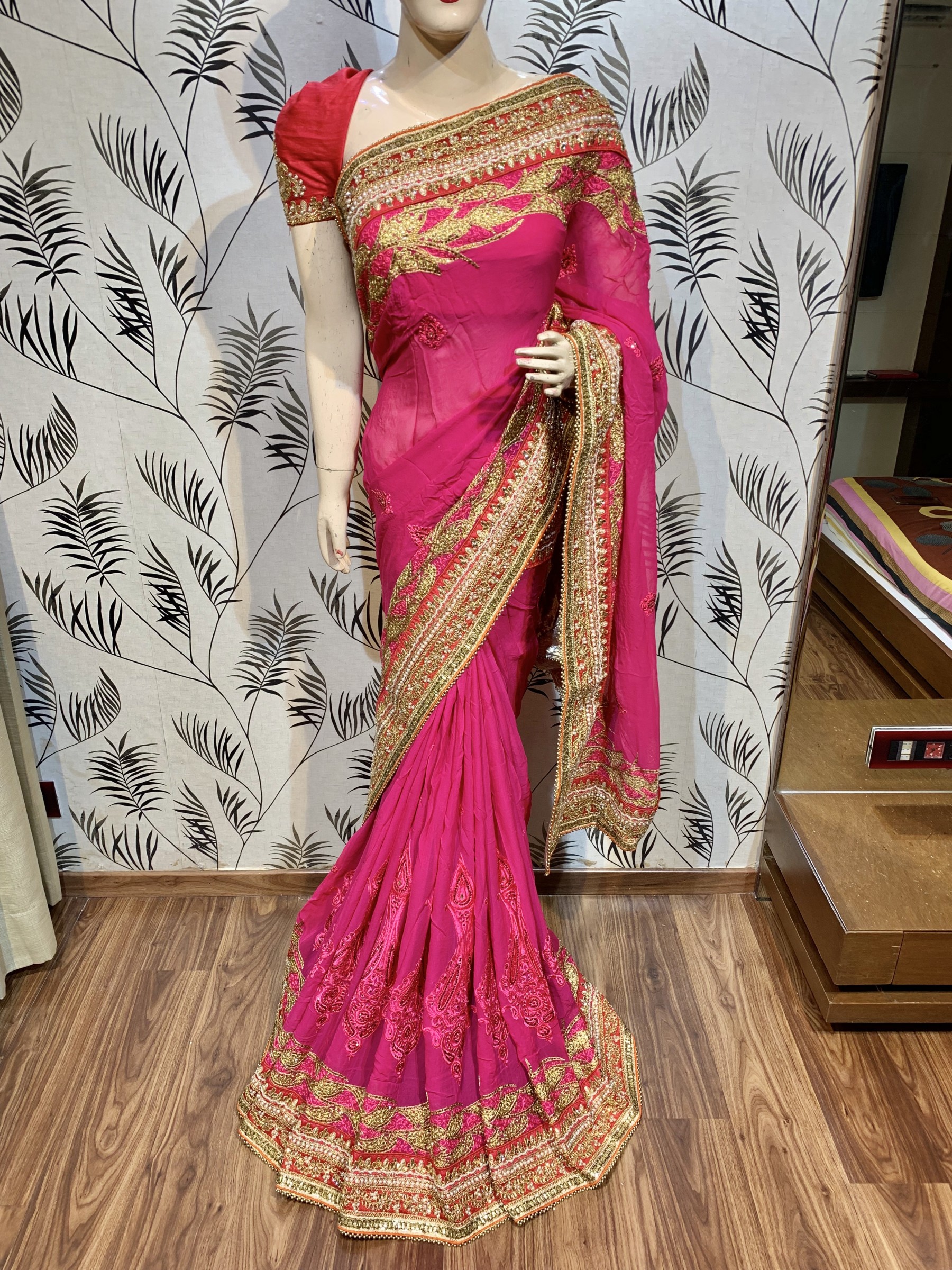 Pure Georgette Party Wear Saree In Rani WIth Embroidery Work & Crystal Stone work   