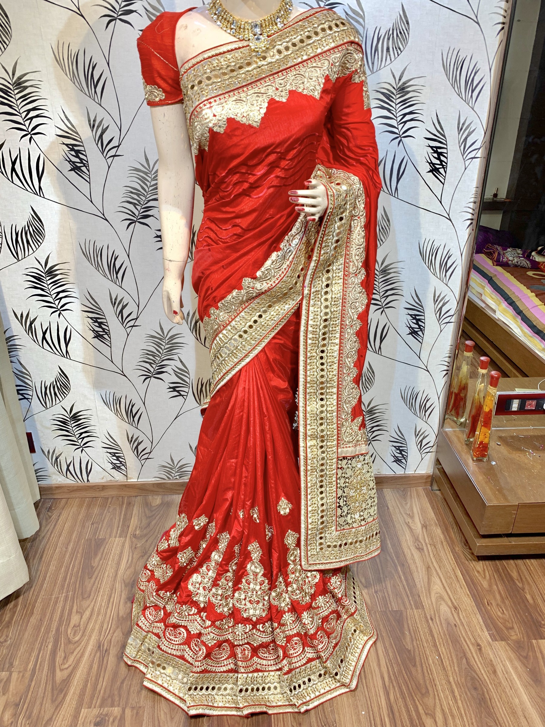 Model Silk Wedding Wear Saree In Red WIth Embroidery Work & Crystal Stone work   