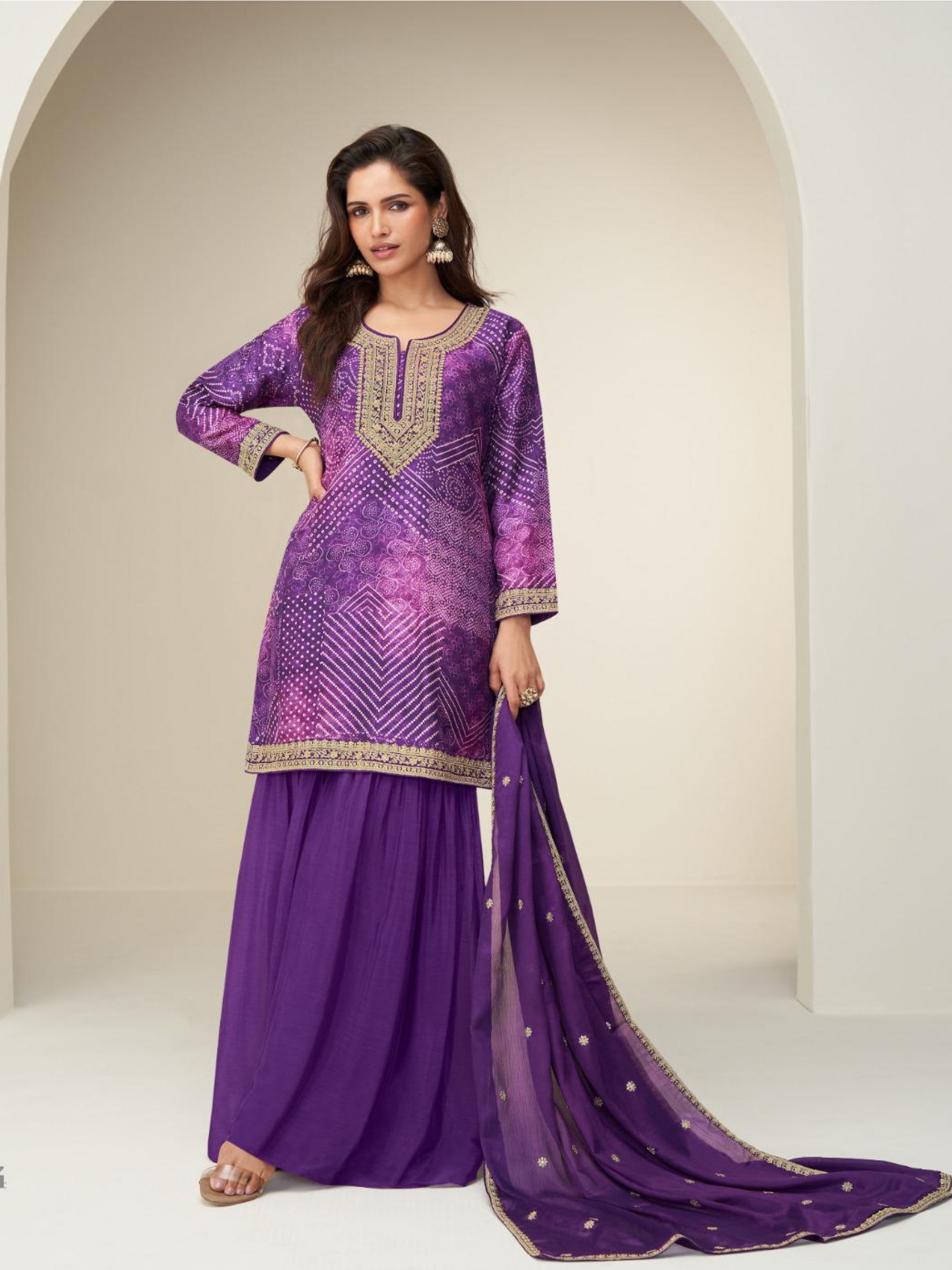 Pure Chinon Silk Party Wear Sharara In Purple Color with Embroidery Work