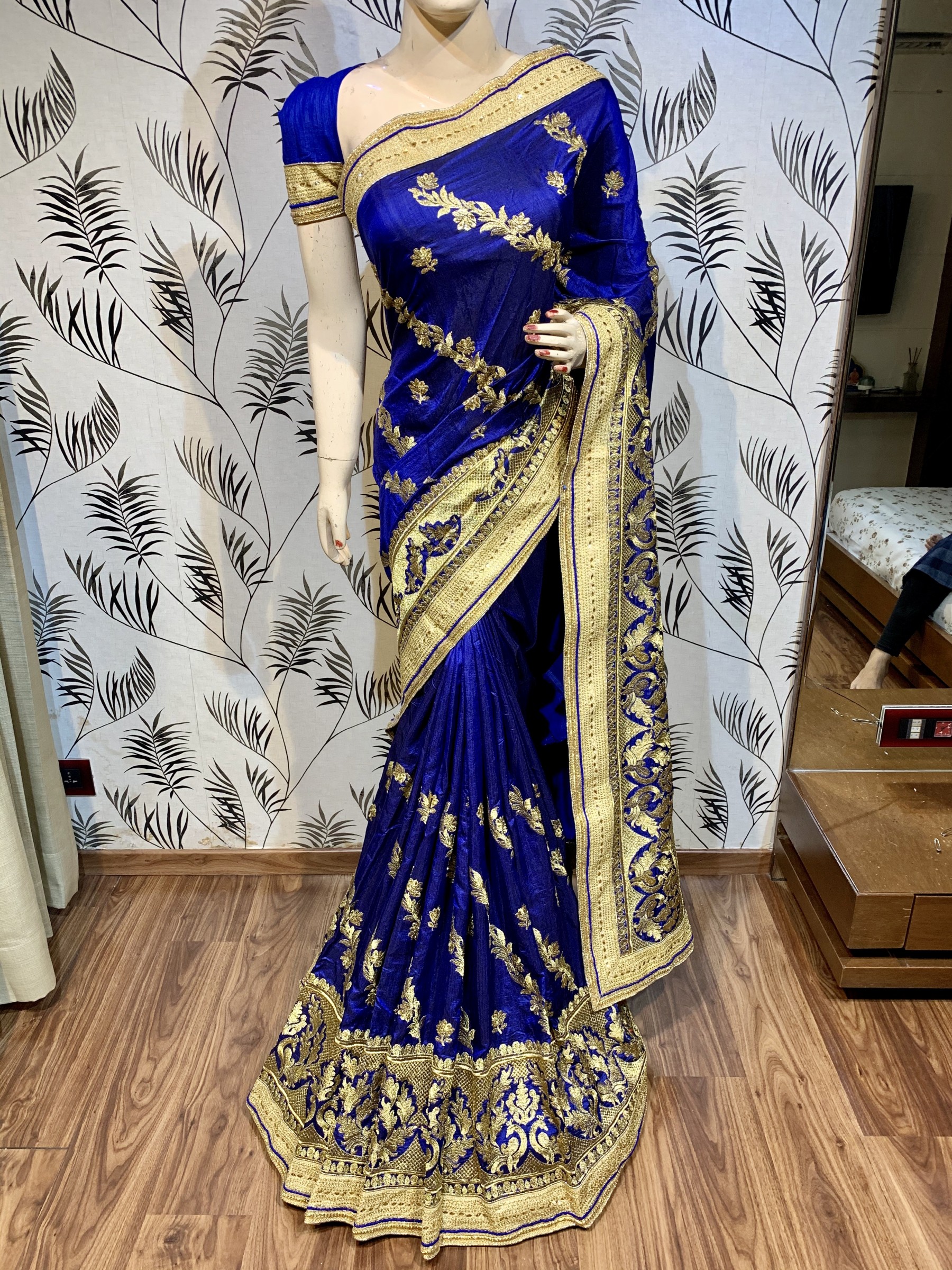 Nylon Silk Party Wear Saree In Blue With Embroidery & Crystal Stone Work