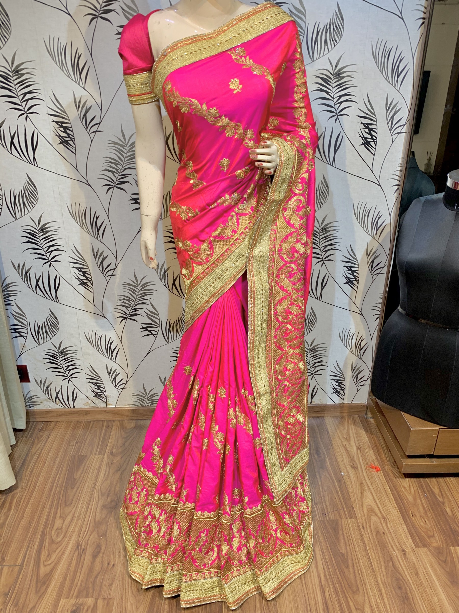Nylon Silk Party Wear Saree In Rani With Embroidery & Crystal Stone Work