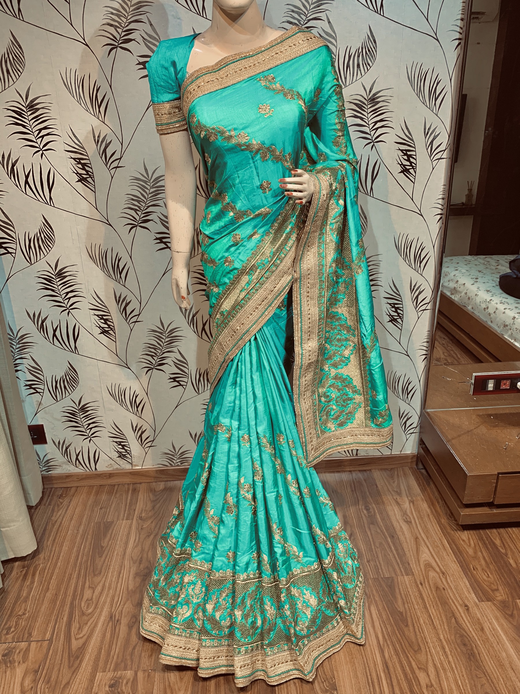 Nylon Silk Party Wear Saree In Green With Embroidery & Crystal Stone Work