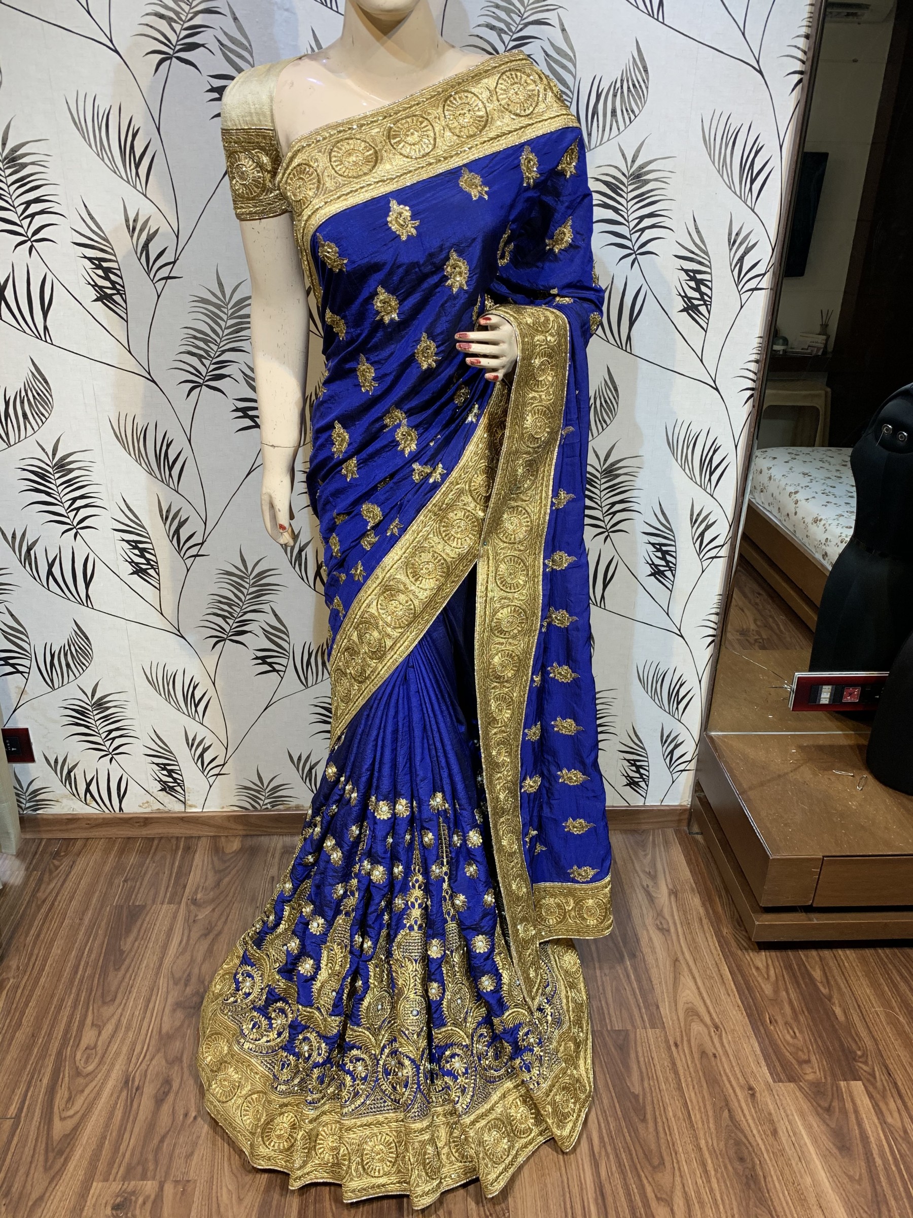 Pure Heritage Silk Wedding Wear Saree In Blue With Embroidery & Crystal Stone Work