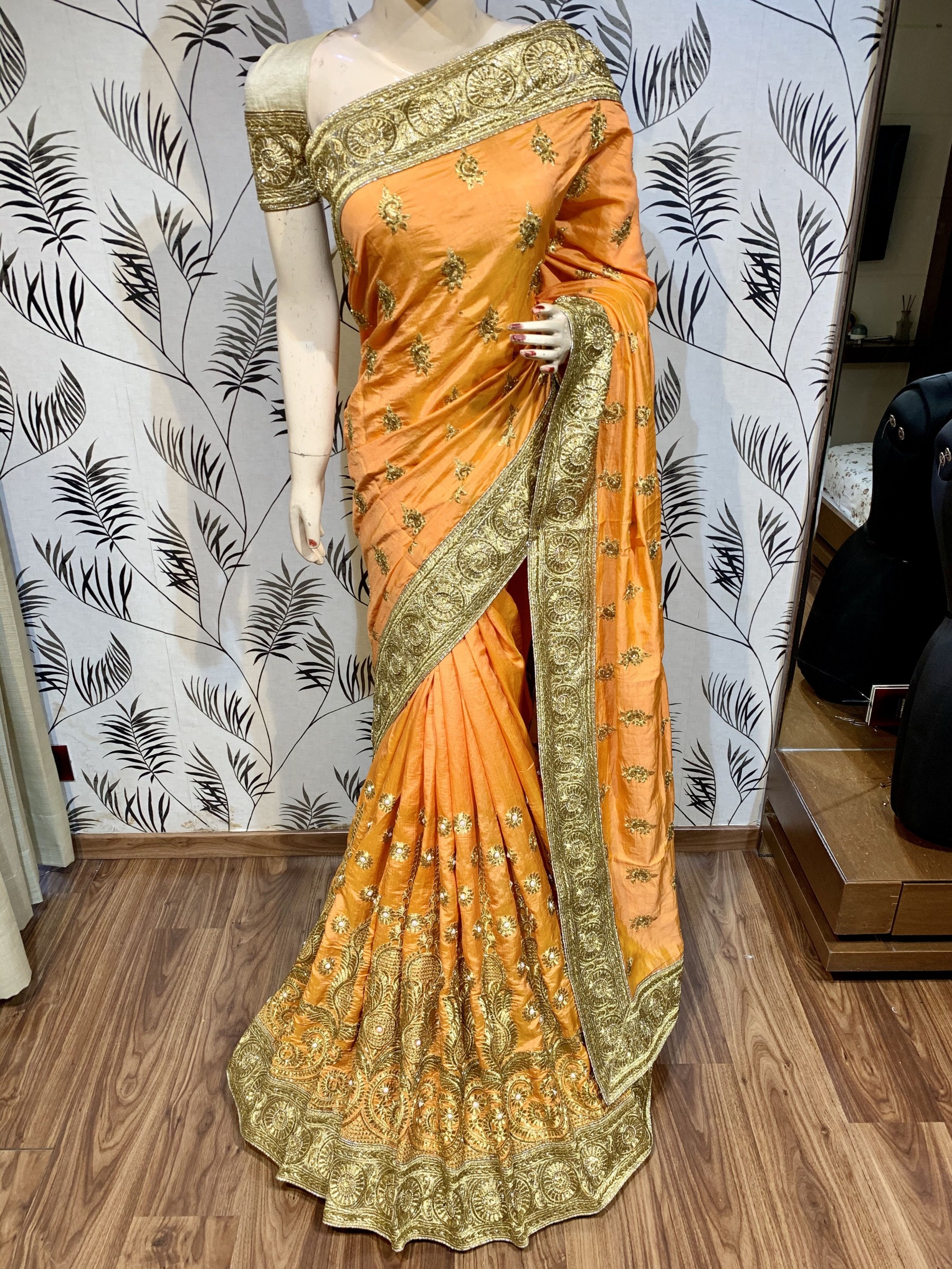 Pure Heritage Silk Wedding Wear Saree In Mustard With Embroidery & Crystal Stone Work