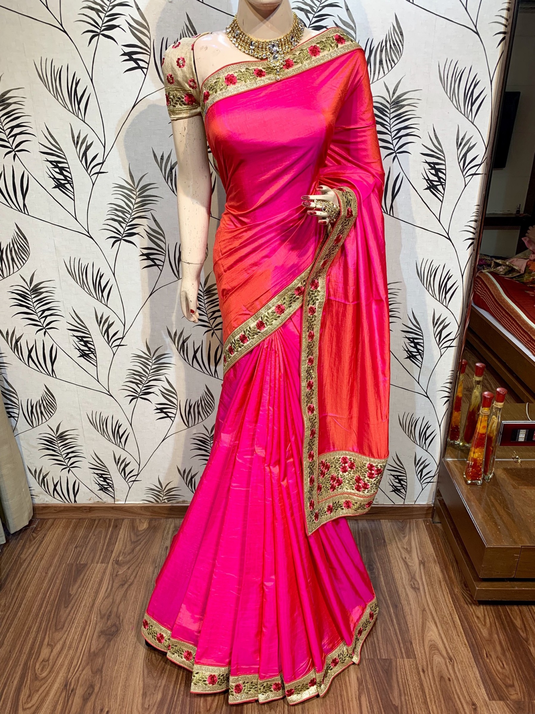 Pure Silk Party Wear Saree In Pink With Embroidery Work