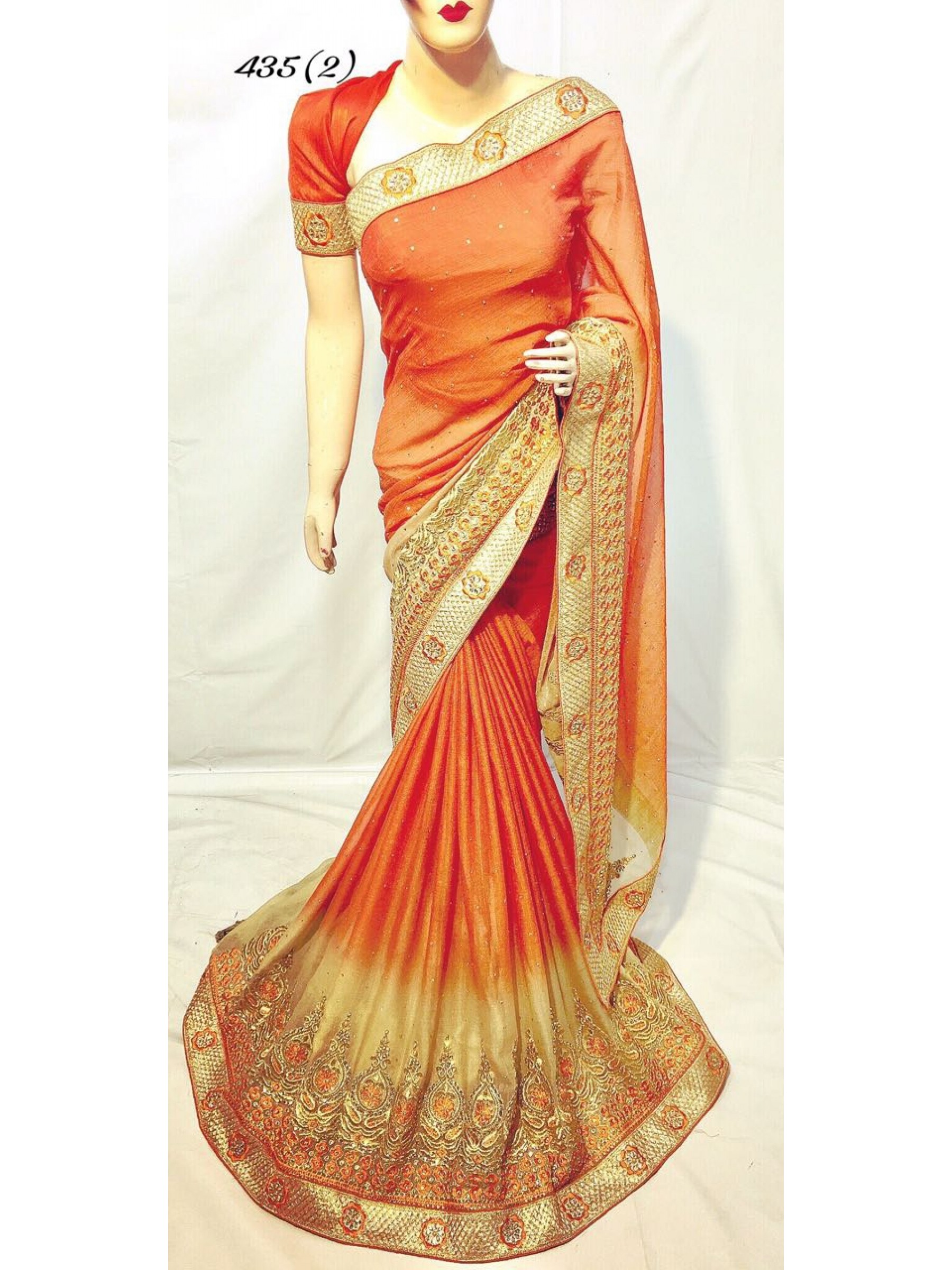 Pedding Chiffon Party Wear Saree In Orange With Embroidery & Crystal Stone Work