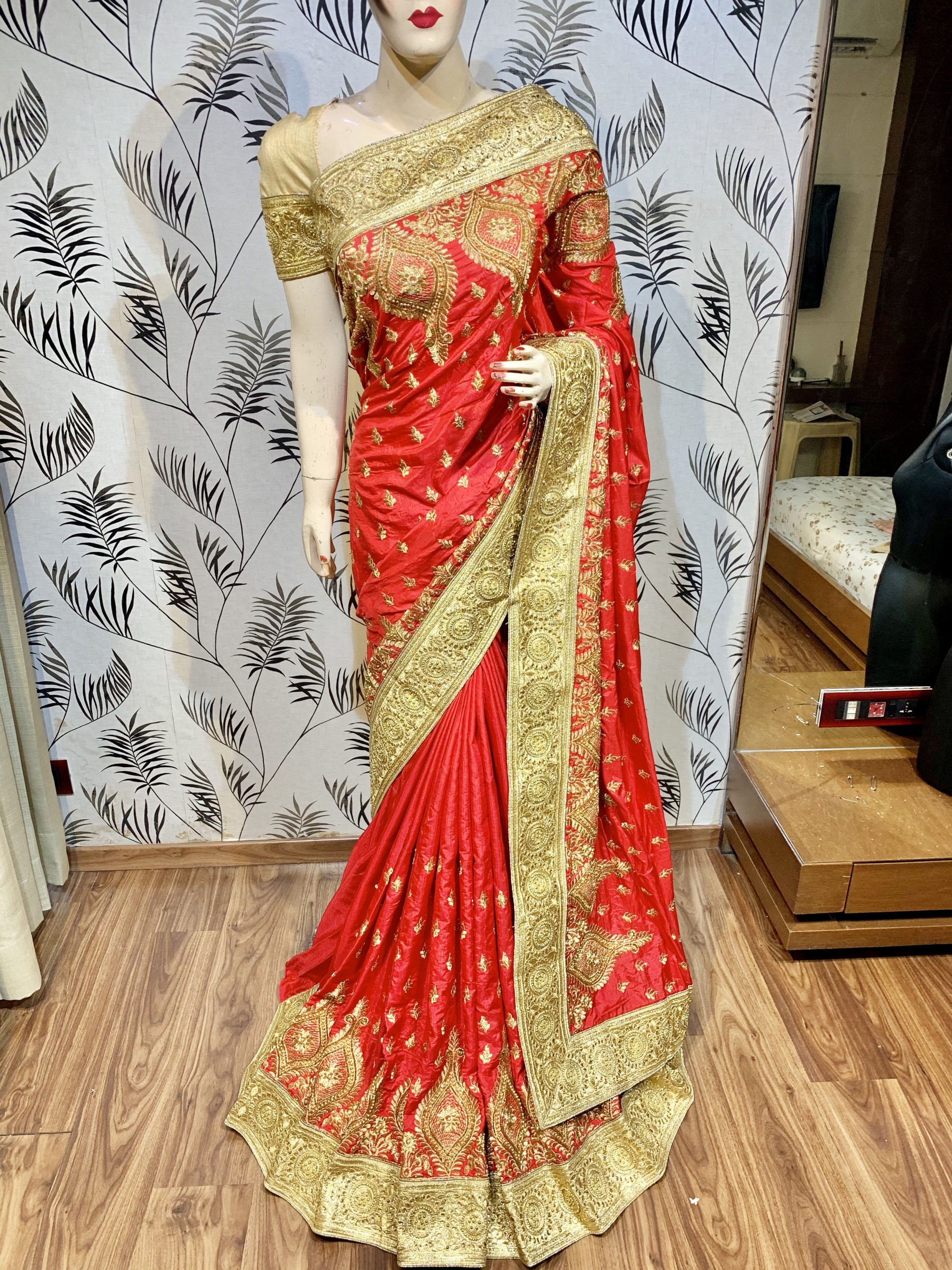 Pure Heritage Silk Wedding Wear Saree In Red With Embroidery & Crystal Stone Work